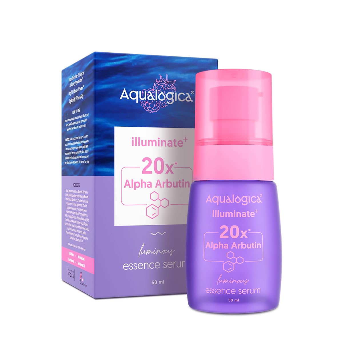 Aqualogica Illuminate+ 20x Alpha Arbutin Brightening Serum 50ml - Dark Spot Corrector for Hyperpigmentation & Uneven Skin Tone | Hydrating & Plumping Face Treatment | Perfect for Daily Skincare Routine & Nighttime Use