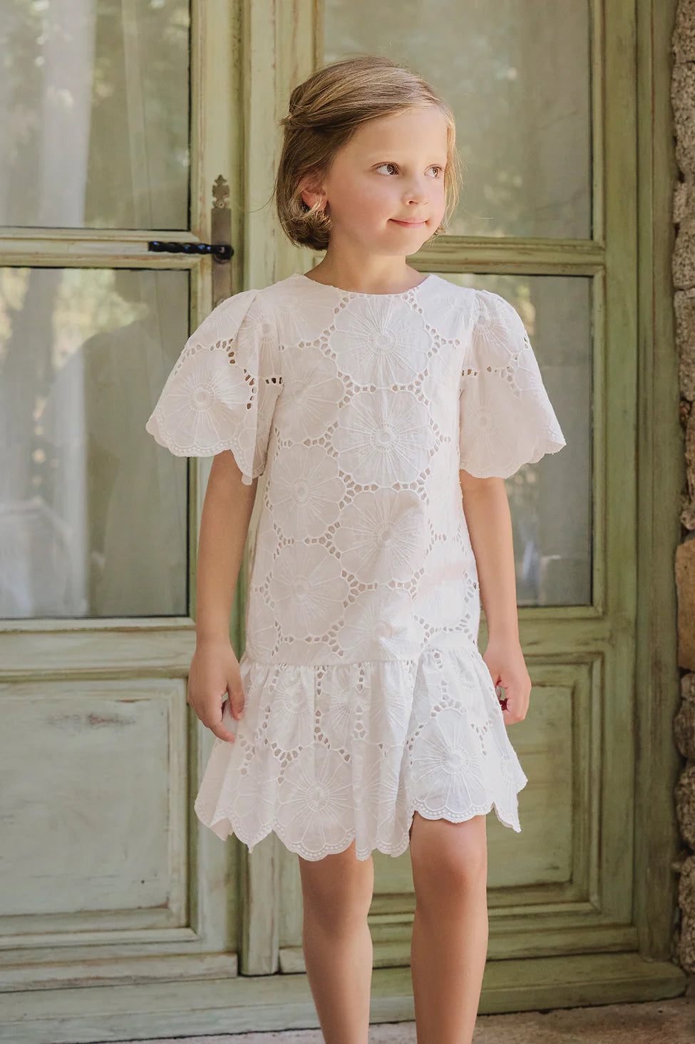 Tartine Et Chocolat White Eyelet Floral Dress for Girls - Perfect for Summer Parties, Weddings & Special Occasions