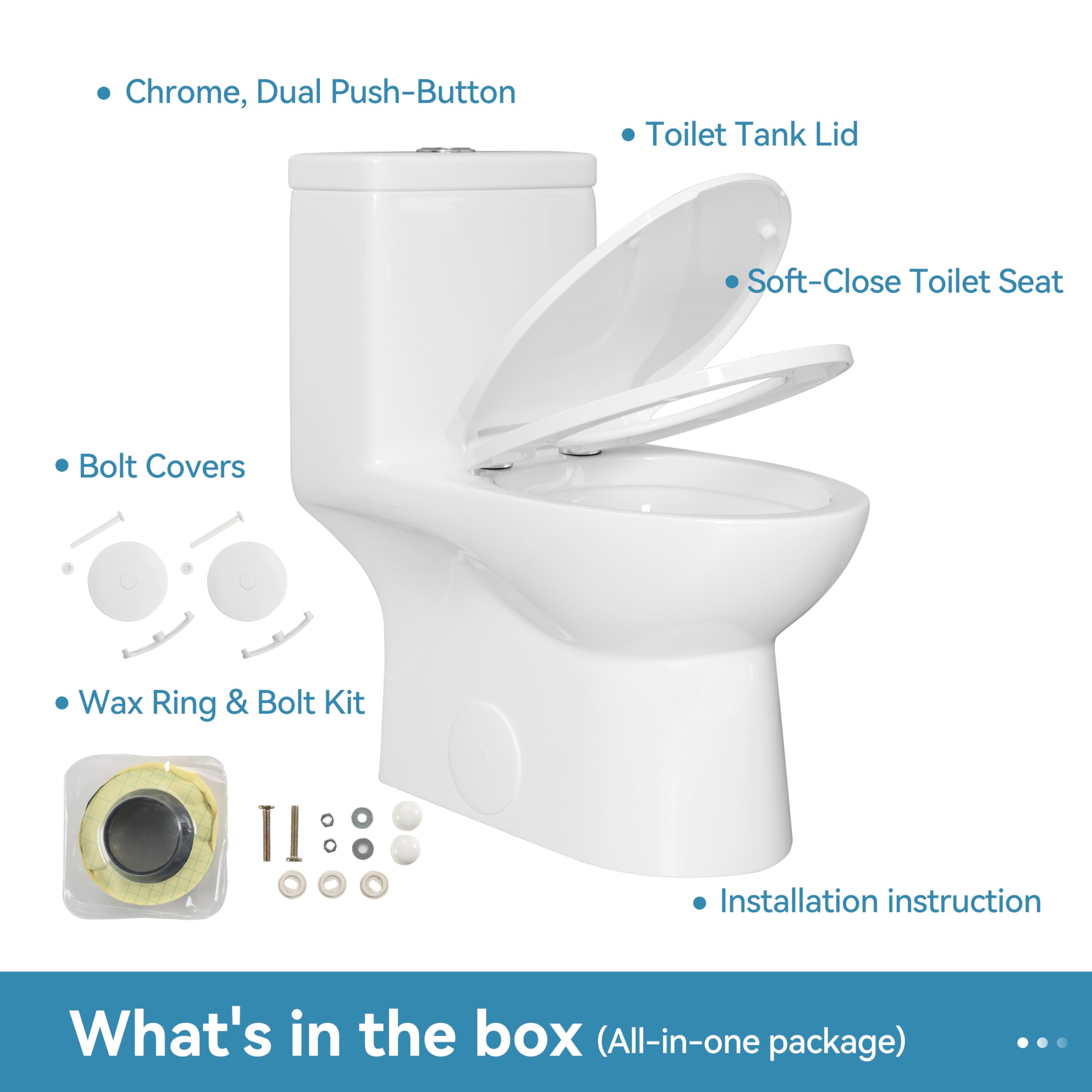 HOROW HR-LT137W Elongated One Piece Toilet with Soft Close Seat - Powerful & Quiet Dual Flush 1.1/1.6 GPF - 12-Inch Rough-In - 27.1x14.6x29.3 Inches - White - Perfect for Modern Bathrooms, Small Spaces & Water-Efficient Homes