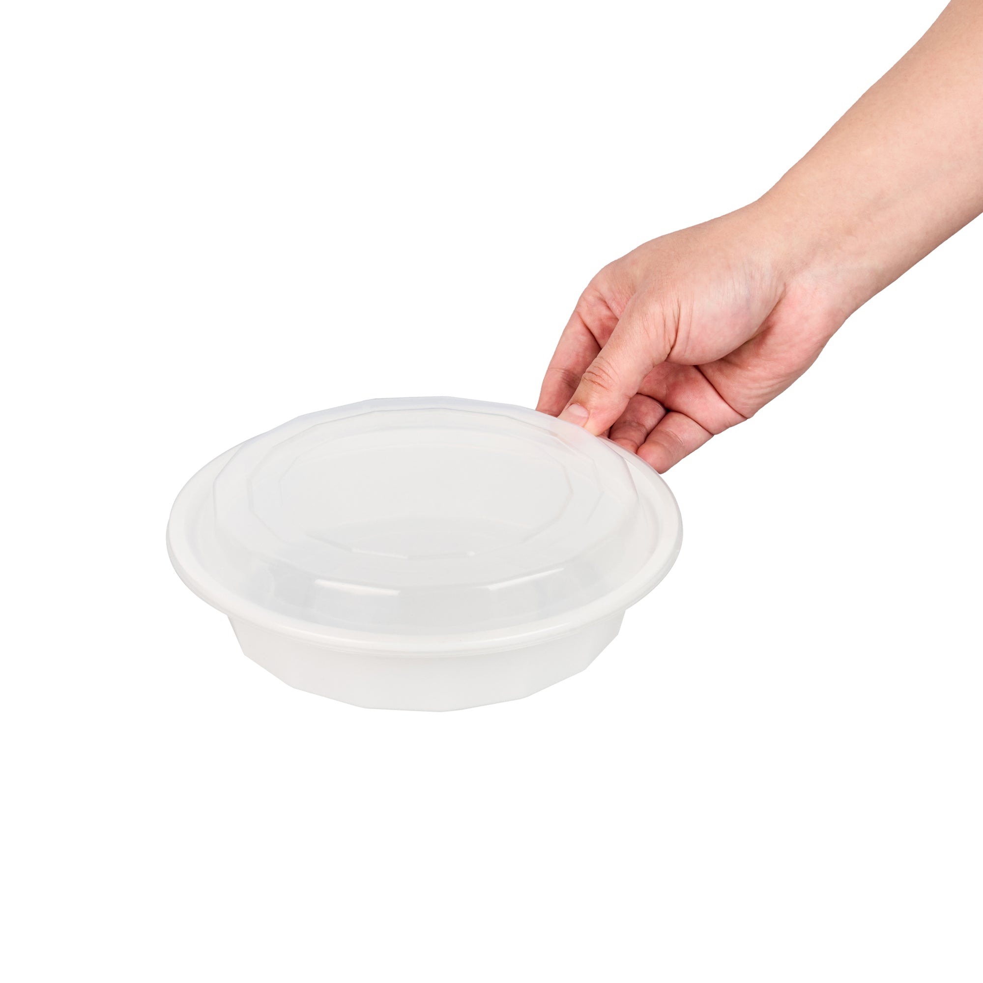 24 oz Round White Plastic Food Storage Containers with Clear Lids - 50 Pack, Microwave Safe To-Go Boxes (7.25