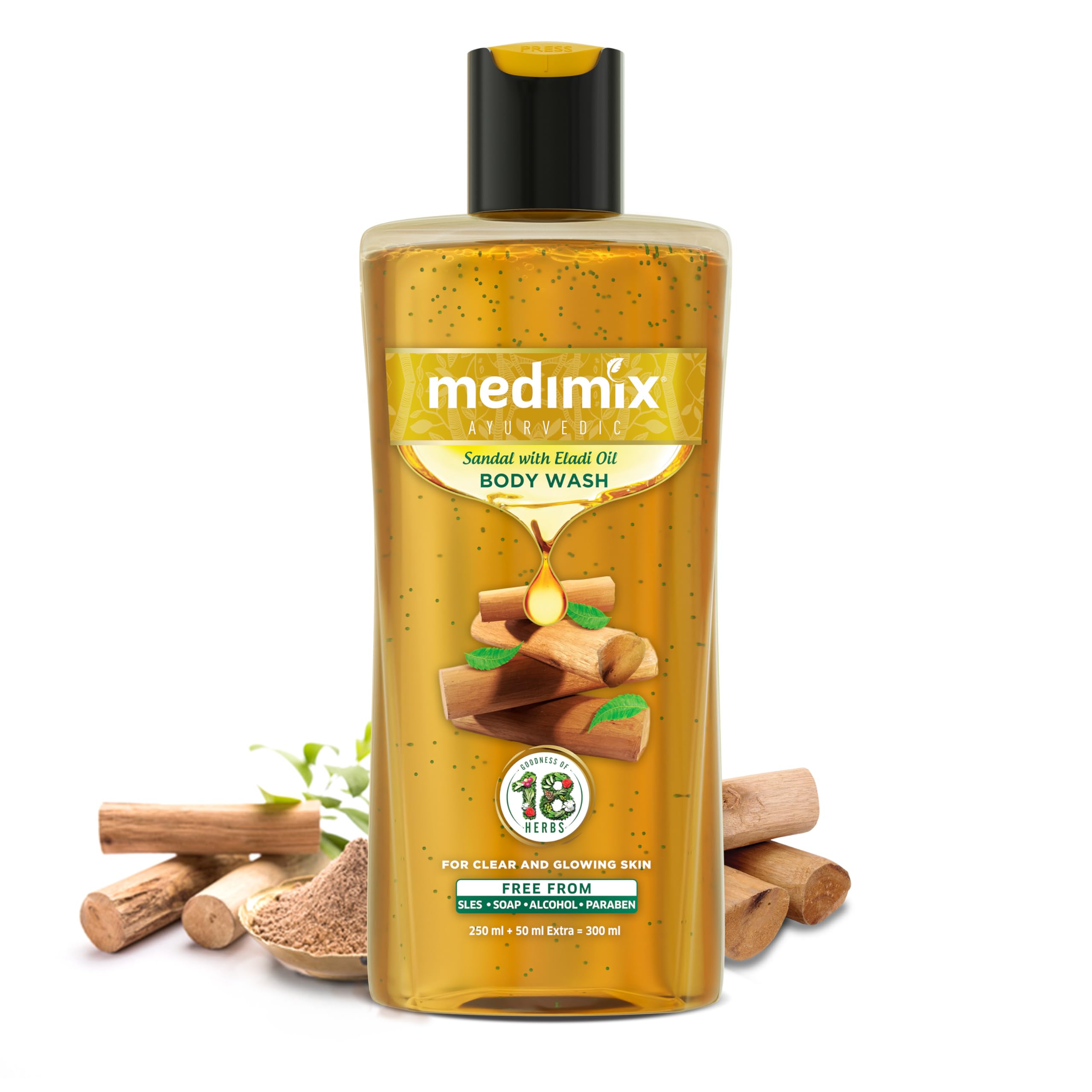 Medimix Ayurvedic Body Wash with Sandal & Eladi Oil - 250ml + 50ml | Herbal Shower Gel for Clear, Glowing & Tan-Free Skin | Paraben-Free, Sulphate-Free | Perfect for Daily Cleansing & Skin Brightening