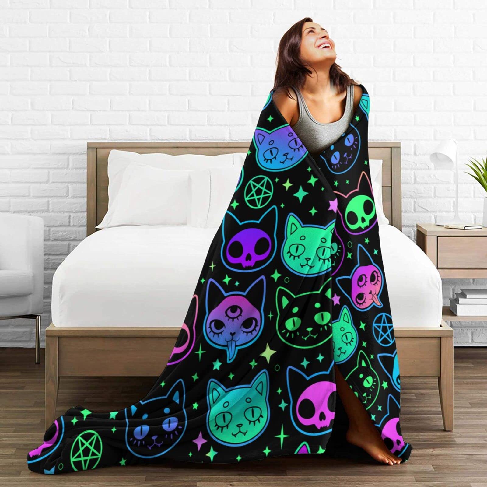 Cartoon Witchcraft Cat Fleece Blanket - Ultra Soft Flannel Throw for Couch, Sofa & Bed (50