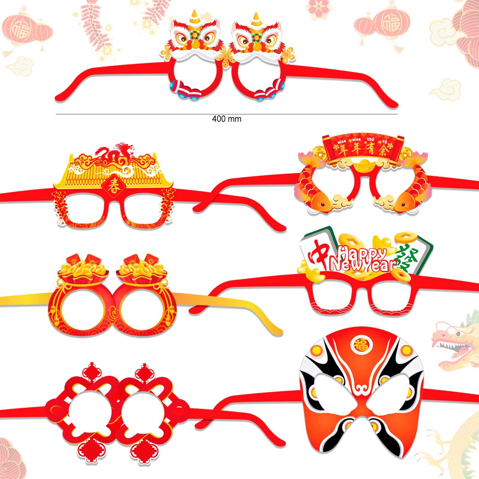 28Pcs Chinese New Year Funny Paper Glasses & Mask Set - 2025 Year of The Snake Photo Booth Props, Spring Festival Selfie Eyewear for Parties & Celebrations - Perfect for Lunar New Year Decorations, Family Reunions & Social Media Photos