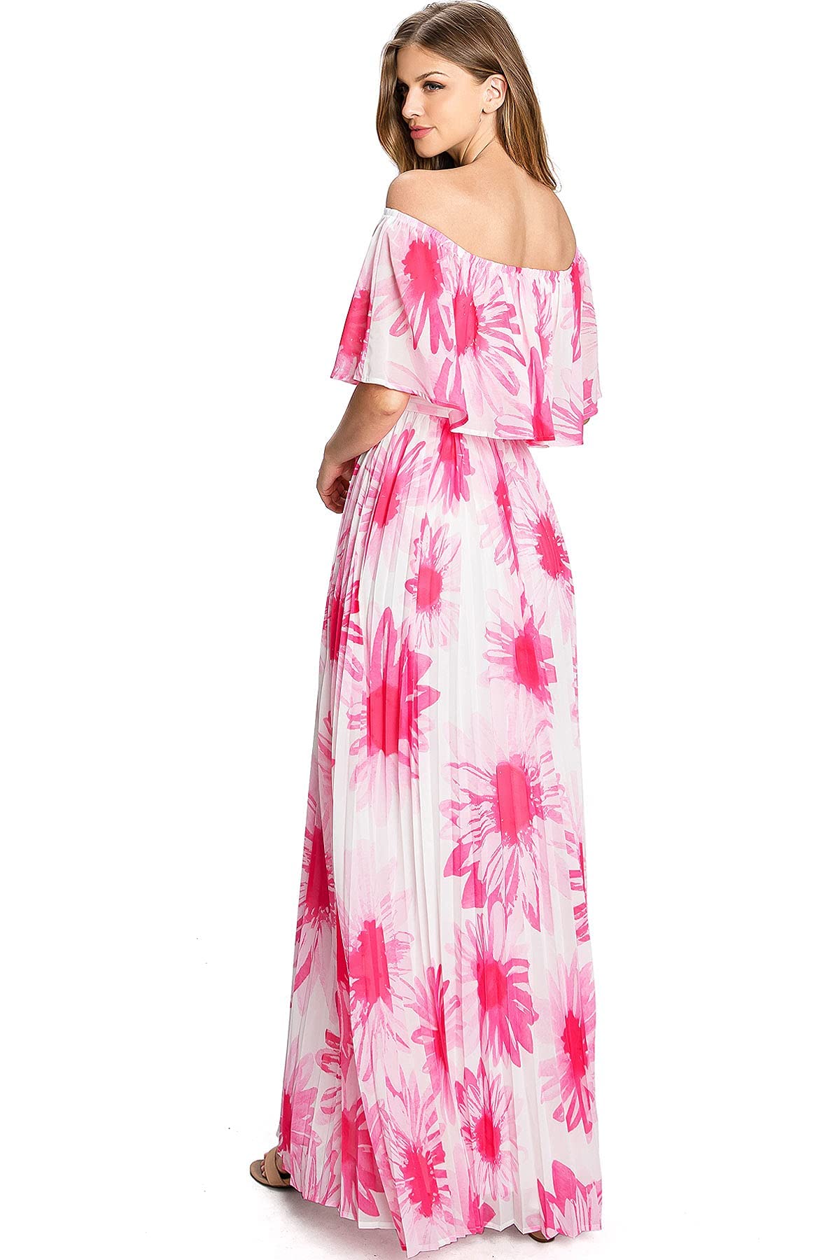 Flying Tomato Off Shoulder Neon Floral Pleated Maxi Dress - Women's Summer Beach Party Dress for Vacations & Night Out