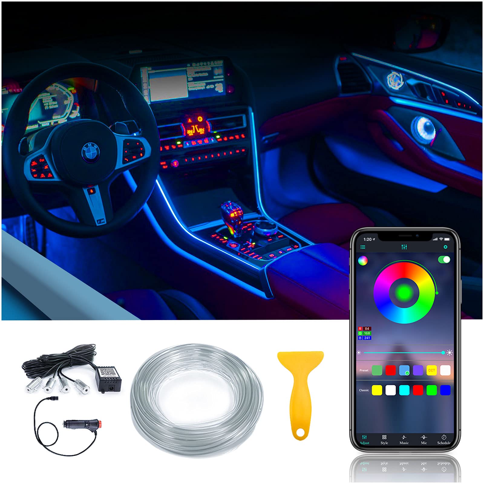 Multicolor Car Interior LED Strip Lights - 16 Million RGB Colors, 19.6ft Ambient Lighting with Wireless APP Control & Sound Activation | Perfect for Car Decor, Mood Lighting, and Party Atmosphere
