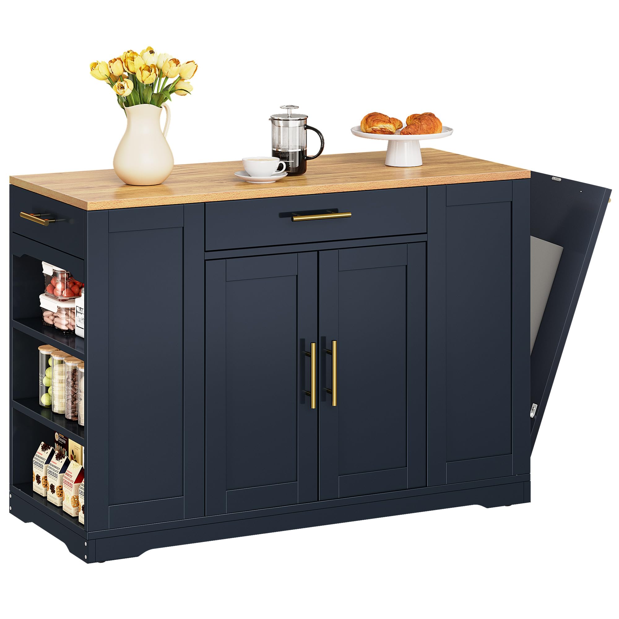 DWVO 53-Inch Large Kitchen Island with Storage Cabinet & Seating - Portable Rolling Island Table with 13-Gallon Trash Can Storage, Navy Blue - Perfect for Small Kitchens, Open Floor Plans & Entertaining Guests