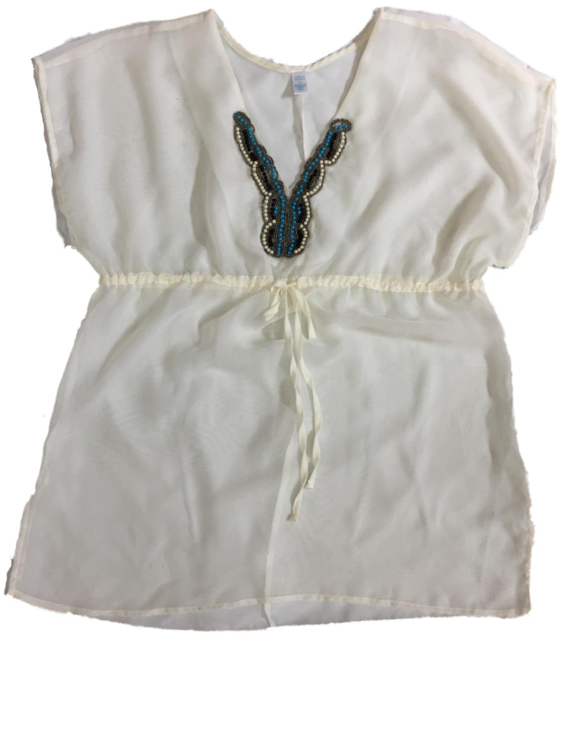 Women's Cream Peasant Top Embellished Swim Cover Up - Opaque Beach Dress Large Size for Pool, Vacation & Summer Outings