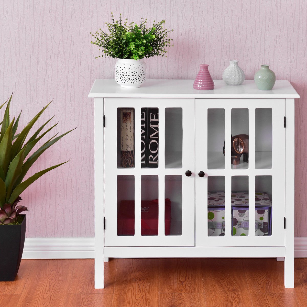 Tangkula White Sideboard Buffet Cabinet with 2 Glass Doors - Kitchen Dining Room Storage Cabinet, Liquor Curio Display, Cupboard Console Table for Home, Office & Restaurant Use