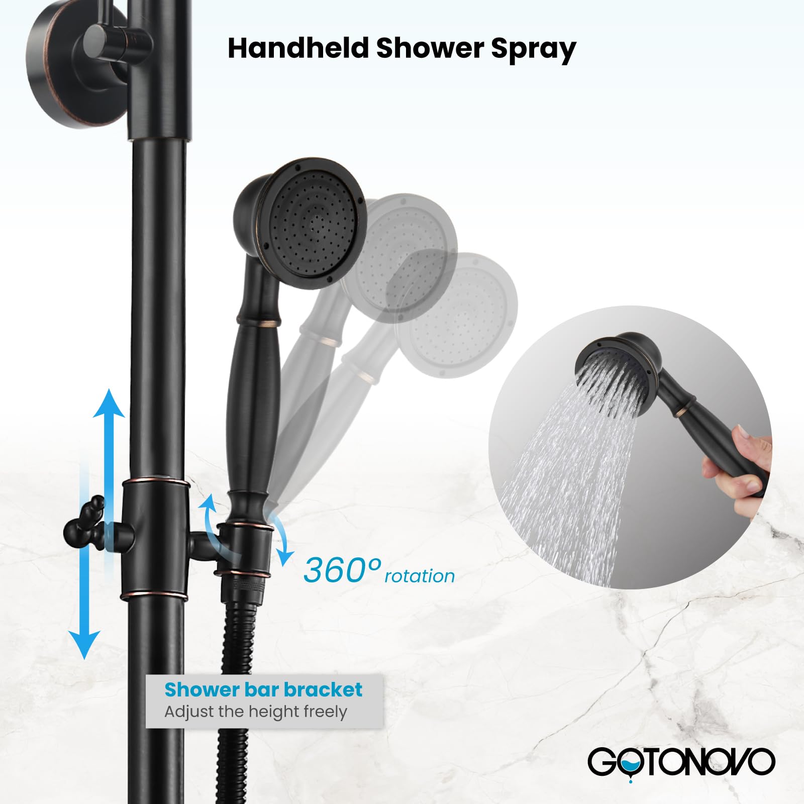Gotonovo 8-Inch Wall Mounted Outdoor Shower System - Oil Rubbed Bronze Exposed Bathroom Faucet with Adjustable Handheld Sprayer, Double Cross Handles & Tub Spout (No Shelf) - Perfect for Patio, Poolside & Garden Showers