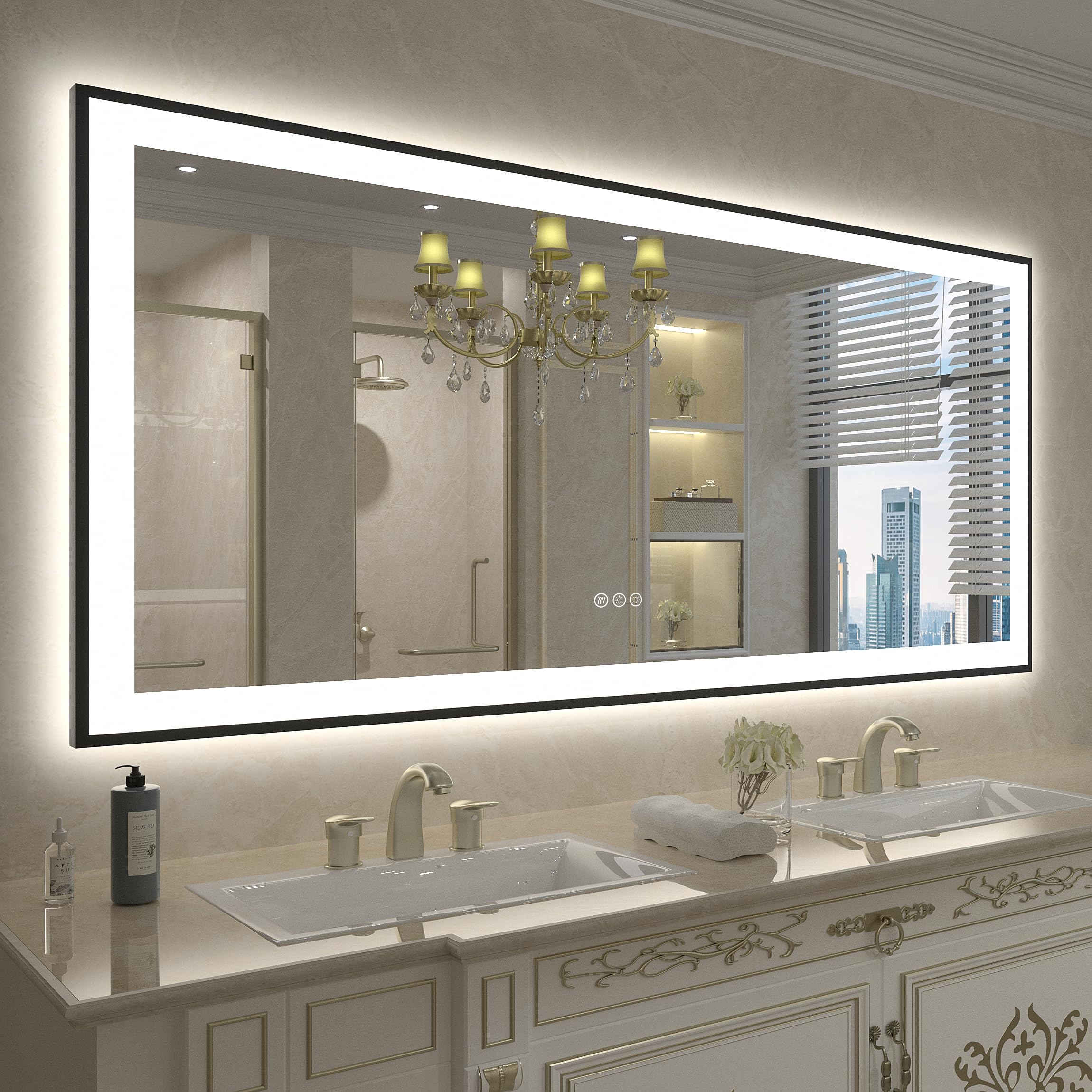 72x32 Inch LED Bathroom Mirror with Dimmable Backlit & Front Lights - Large Framed Anti-Fog Vanity Mirror for Makeup, Shaving & Home Decor