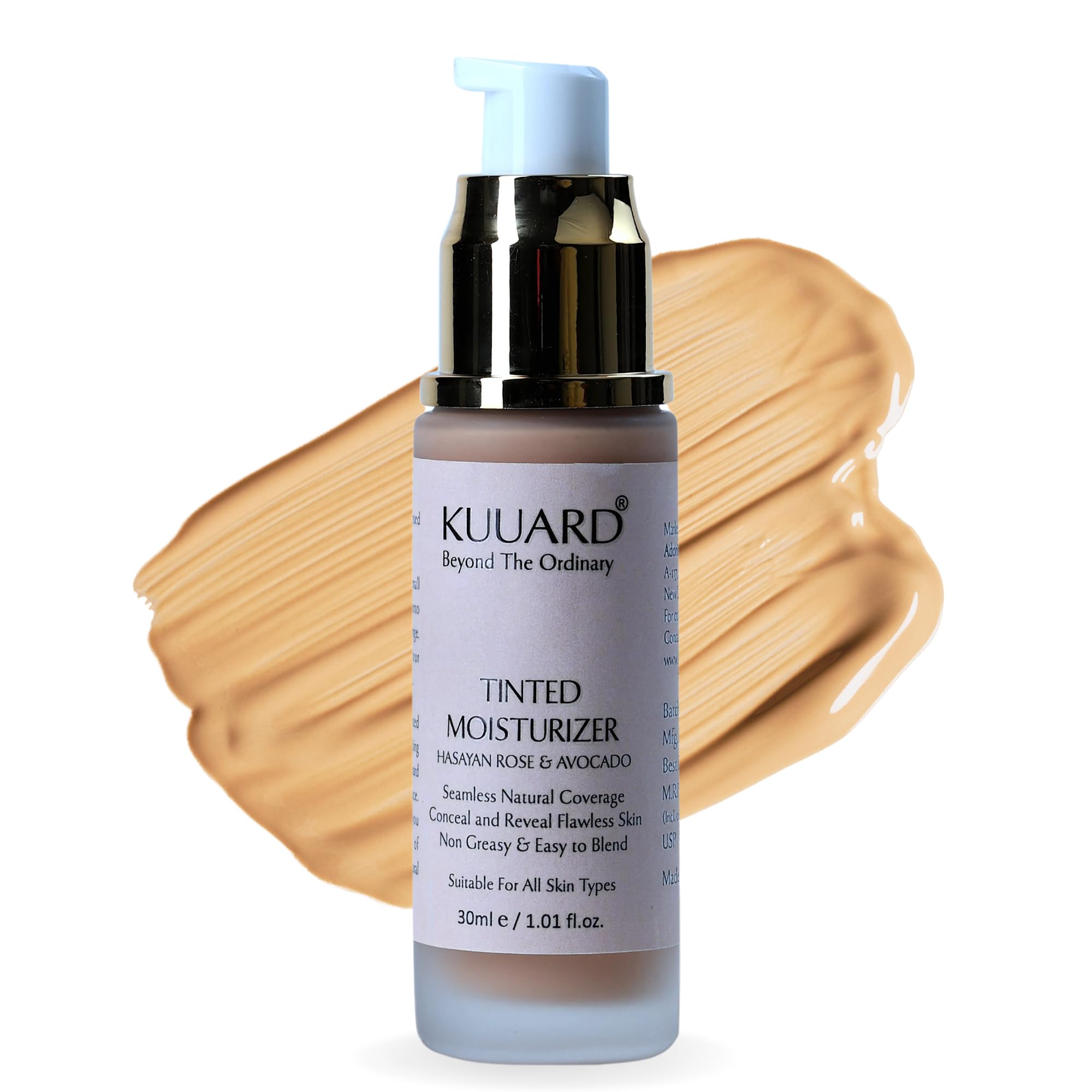 Kuuard Tinted Moisturizer with Hasayan Rose & Avocado - Lightweight Natural Foundation for Light to Medium Coverage, Evens Skin Tone - 30ml for All Skin Types | Daily Wear, Makeup Base, Natural Glow for Work & Social Occasions