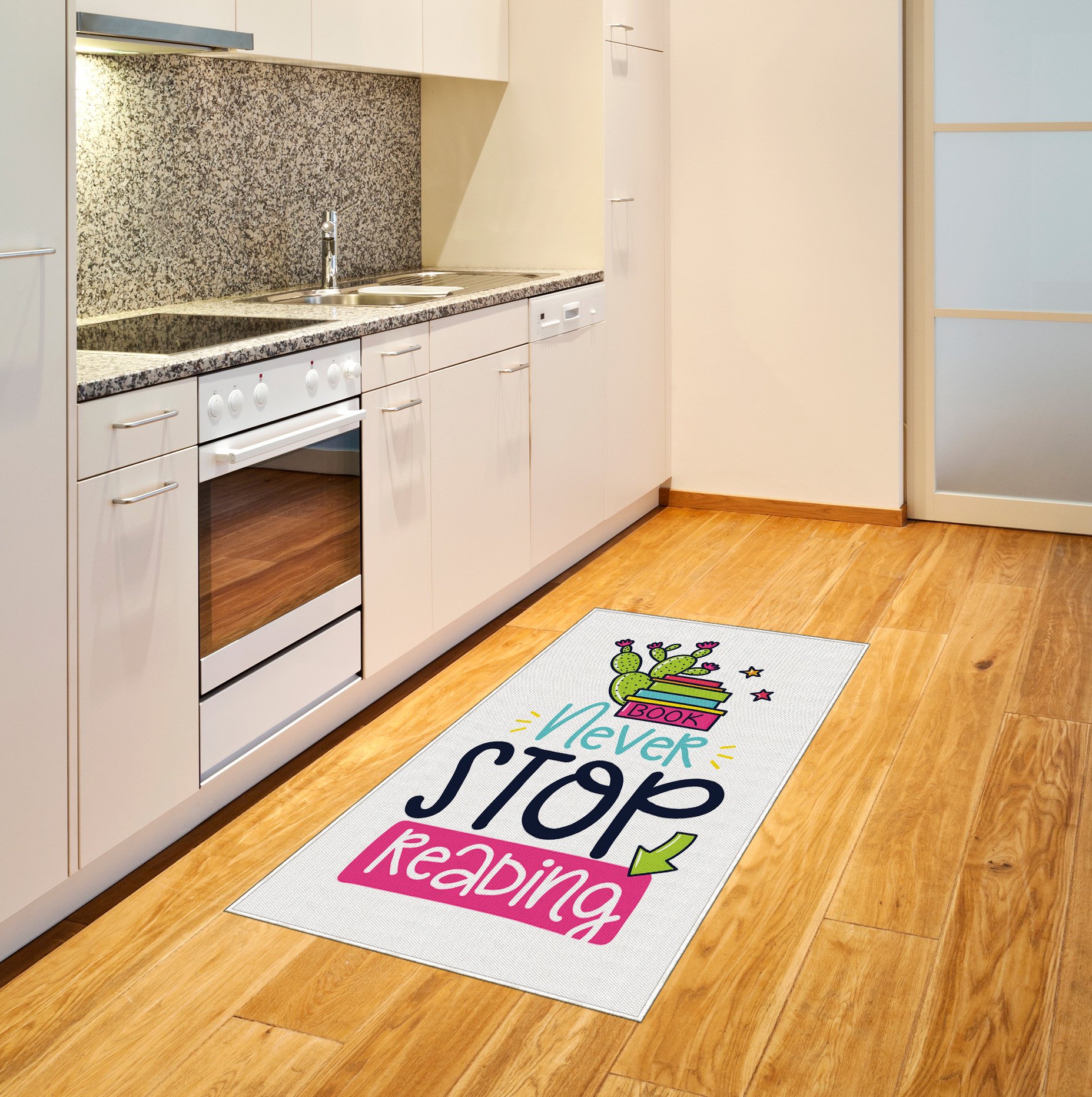 Ambesonne Book Themed Area Rug - Vivid Cactus & Stars Design with 'Never Stop Reading' Inspirational Print, Flat Woven Accent Rug for Living Room, Bedroom, Dining Room - 2.6' x 5' Pink & Green - Perfect for Reading Nooks, Kids Rooms & Book Lover Gifts