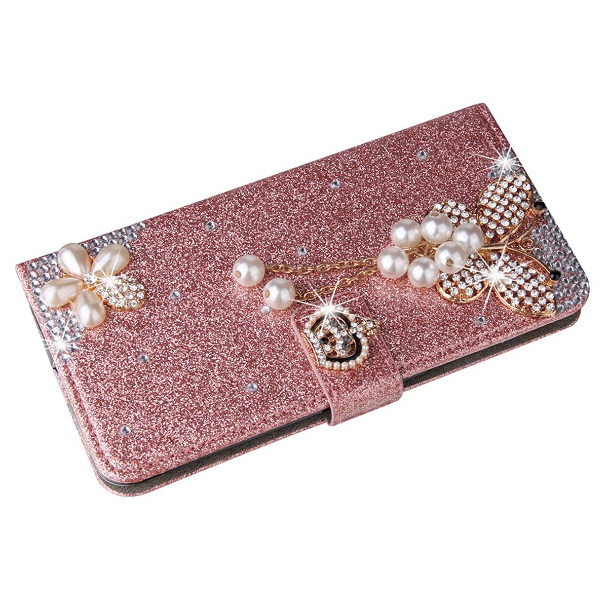 Luxury Bling Glitter Crown Butterfly Diamond Wallet Case for iPhone 13 Pro 6.1 Inch - Flip Cover with Card Slot for Women (Rose Gold) | Perfect for Parties, Dating & Everyday Use
