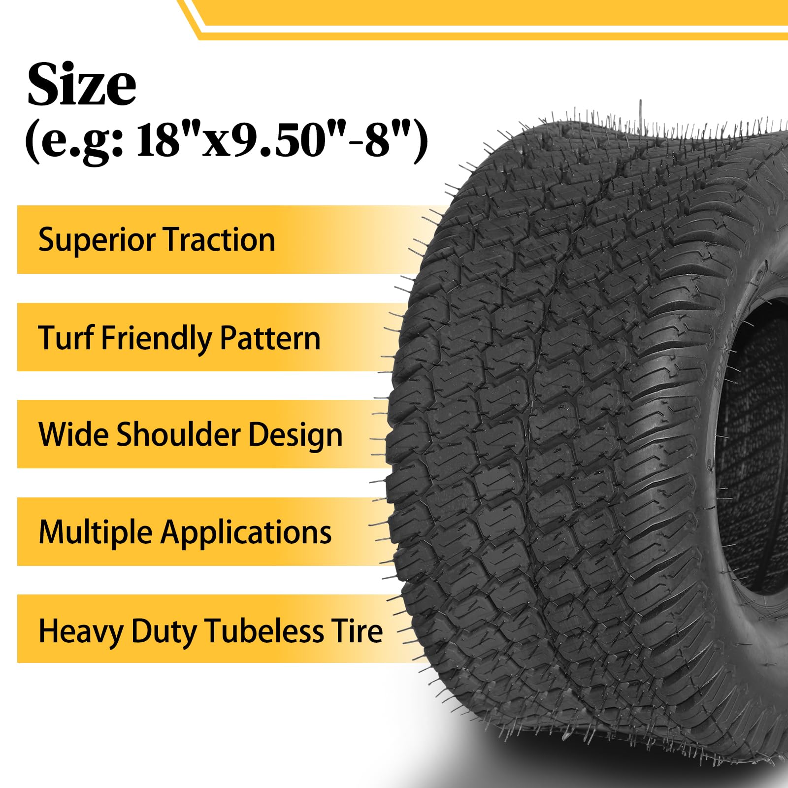 Motorhot Set of 2 18x9.5-8 Turf Lawn Mower Tires - 4PR Golf Cart & Tractor Turf Tires for Smooth Lawn Care & Landscaping