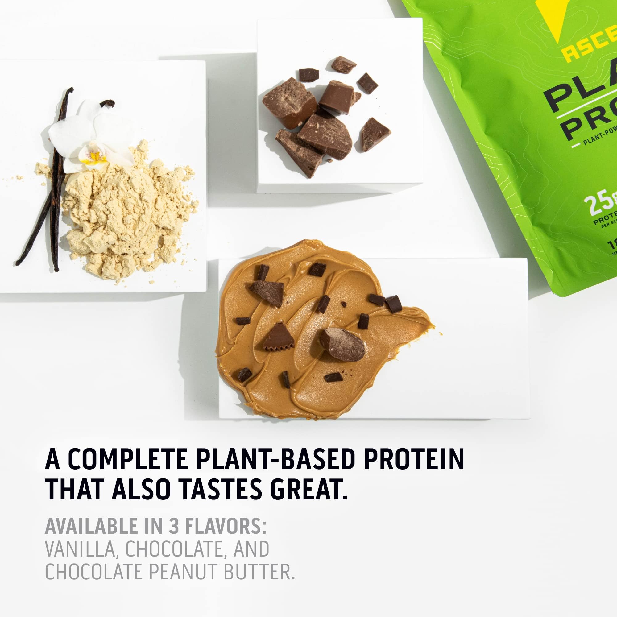 Ascent Plant Based Protein Powder - Vegan Non Dairy Protein Powder, Soy Free, Gluten Free, No Added Sugar, 4g BCAA, 2g Leucine - Vanilla Flavor (20 Servings) | Perfect for Post-Workout Recovery & Healthy Smoothies