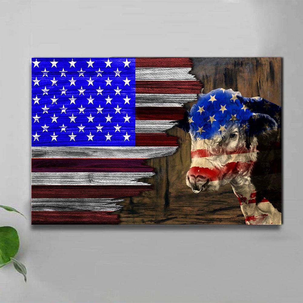 American Hereford Cattle Bull Cow Half Flag Canvas Print - Patriotic 4th of July Home Decor Wall Art (36x24 inches) - Perfect for Farmhouse, Ranch, or Country Themed Living Room, Office & Man Cave Decorations