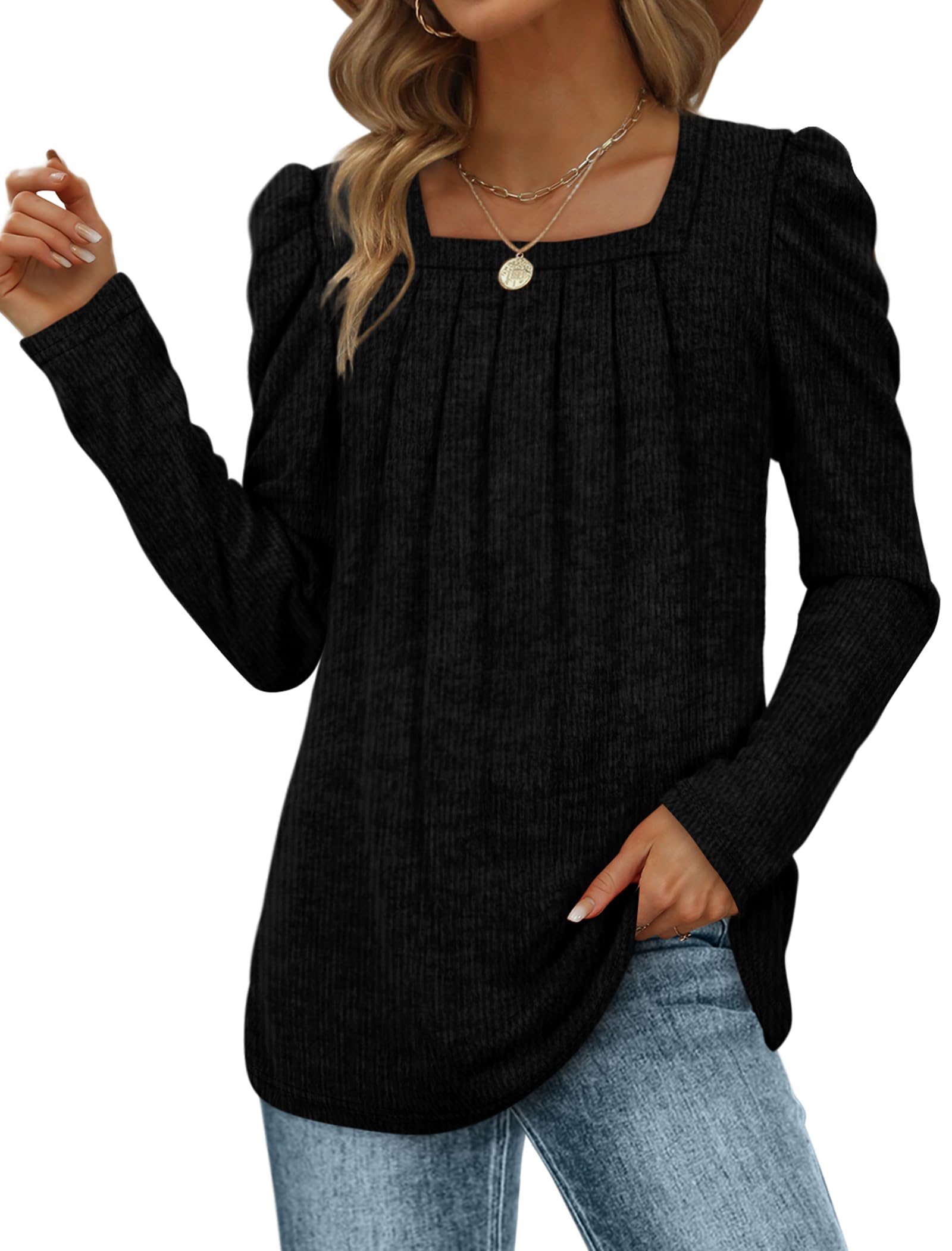 WEESO Women's Lightweight Sweater - Puff Sleeve Pleated Square Neck Tunic Top, Loose Fit Casual Blouse for Work, Date Night & Fall Layering