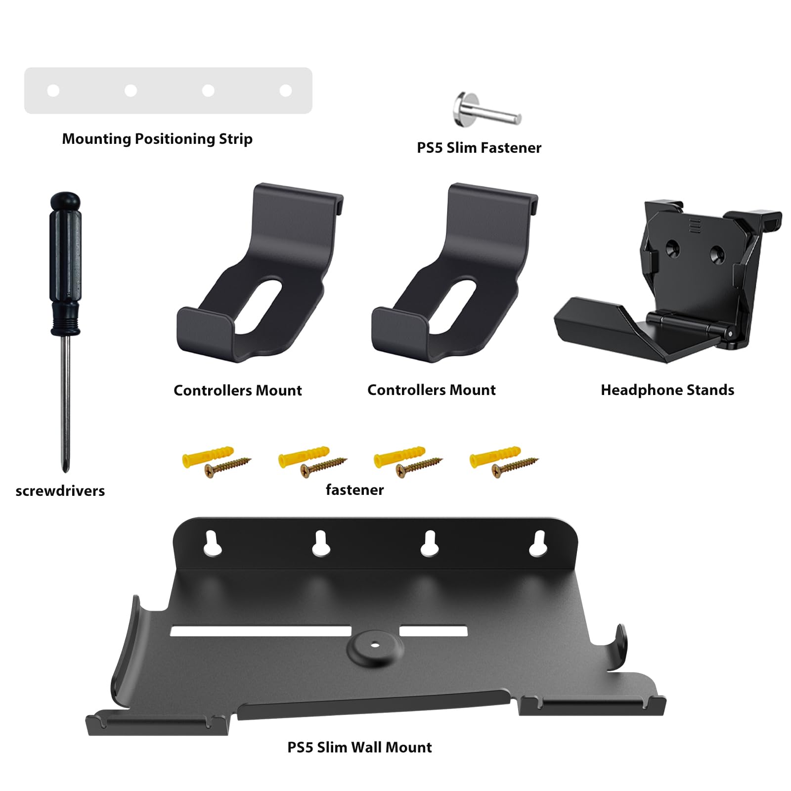 Upgraded Wall Mount Kit for PS5 Slim - Adjustable Bracket with 2 Removable Controller Holders & Headset Hook - Secure Screw Mounting for Living Room, Bedroom, or Gaming Setup