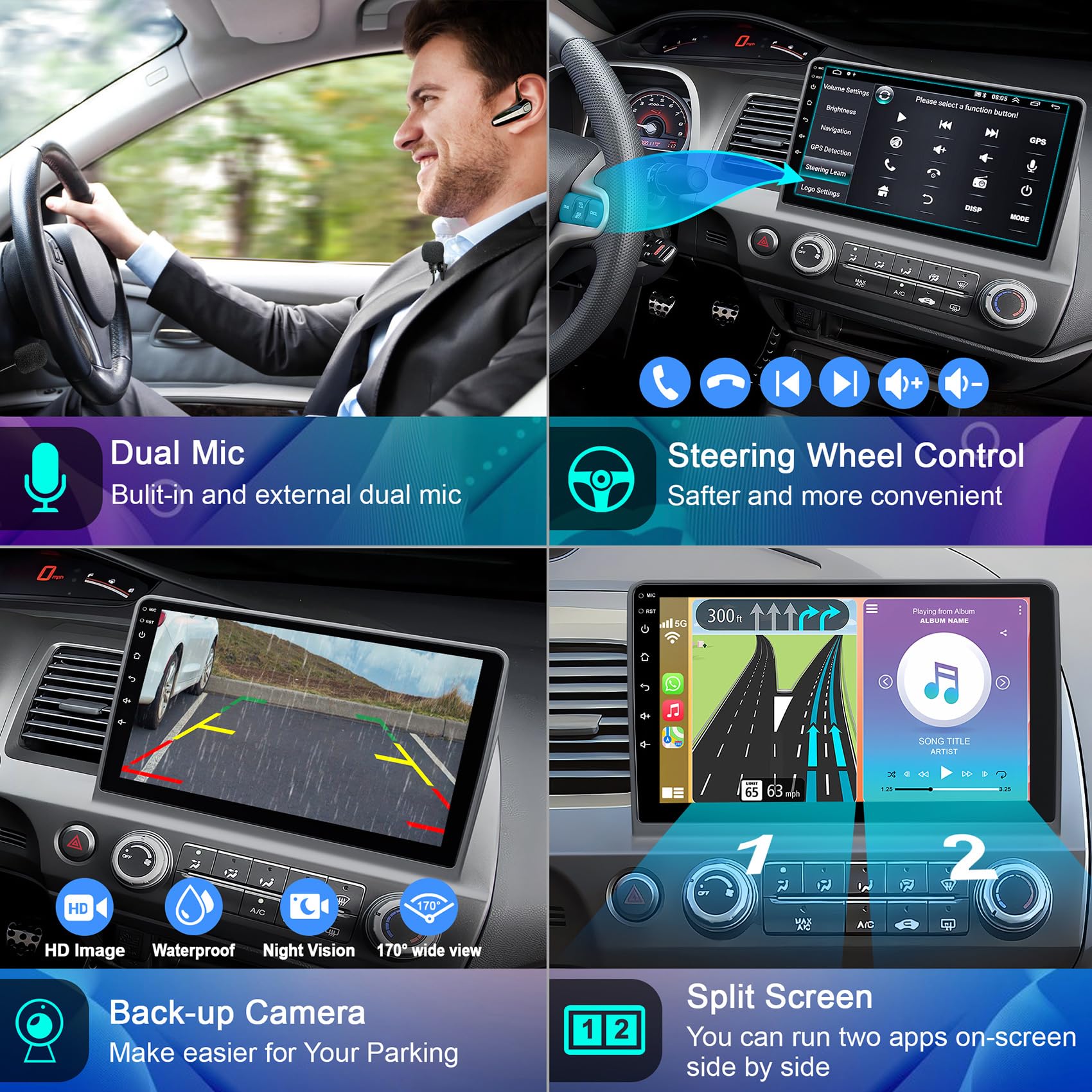 10.1 Inch IPS Touch Screen Car Stereo for Honda Civic 2006-2011 - 4G+64G Android Auto & Wireless CarPlay GPS Navigation System with Bluetooth 5.2/FM/Backup Camera/WiFi/SWC/HiFi - Perfect for Commuting, Road Trips & Hands-Free Driving
