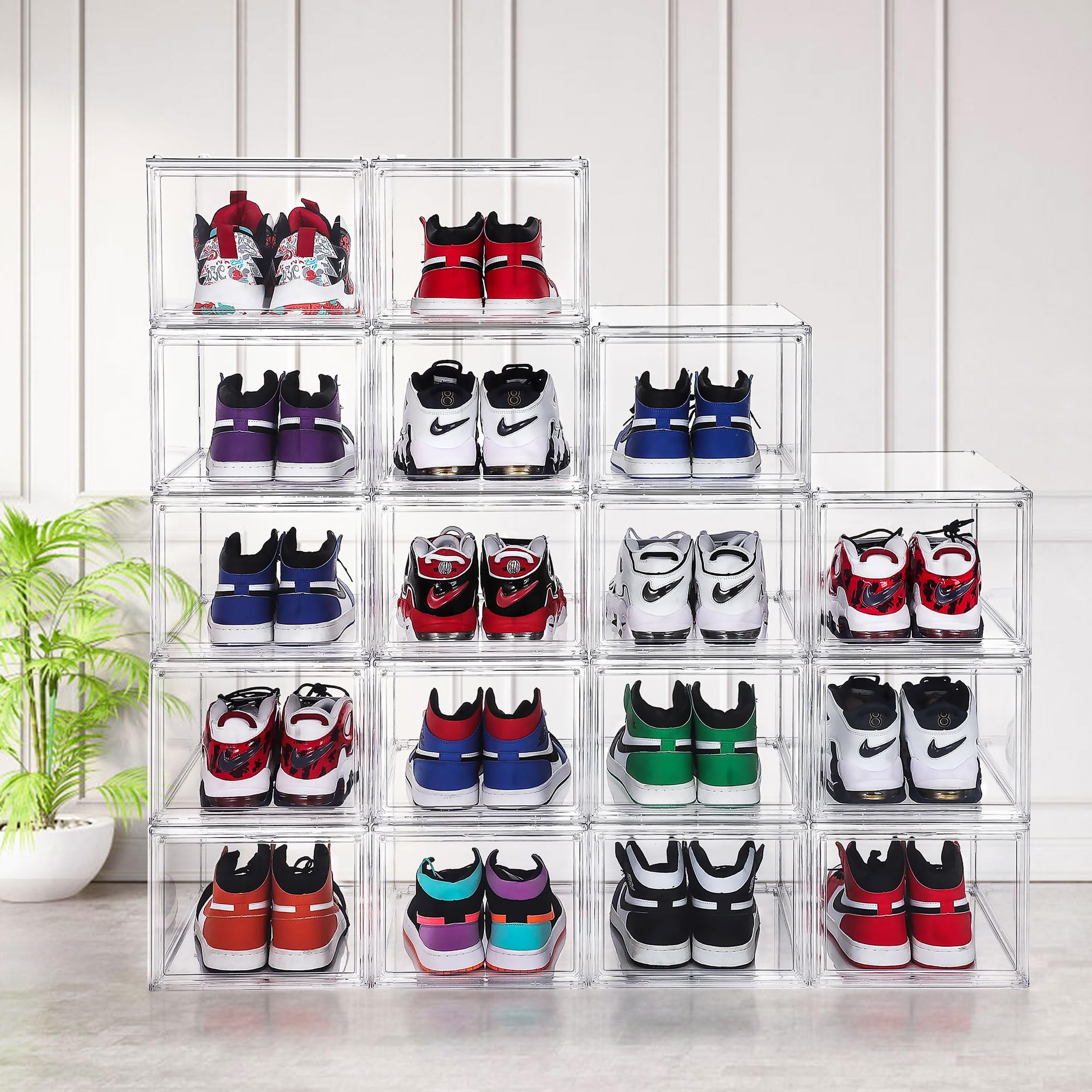12 Pack Clear Acrylic Shoe Boxes - 360° Transparent Stackable Shoe Storage Containers for Sneakers & Heels (Fits Up to US Size 14) | Perfect for Closet Organization, Shoe Display & Retail Store Showcase