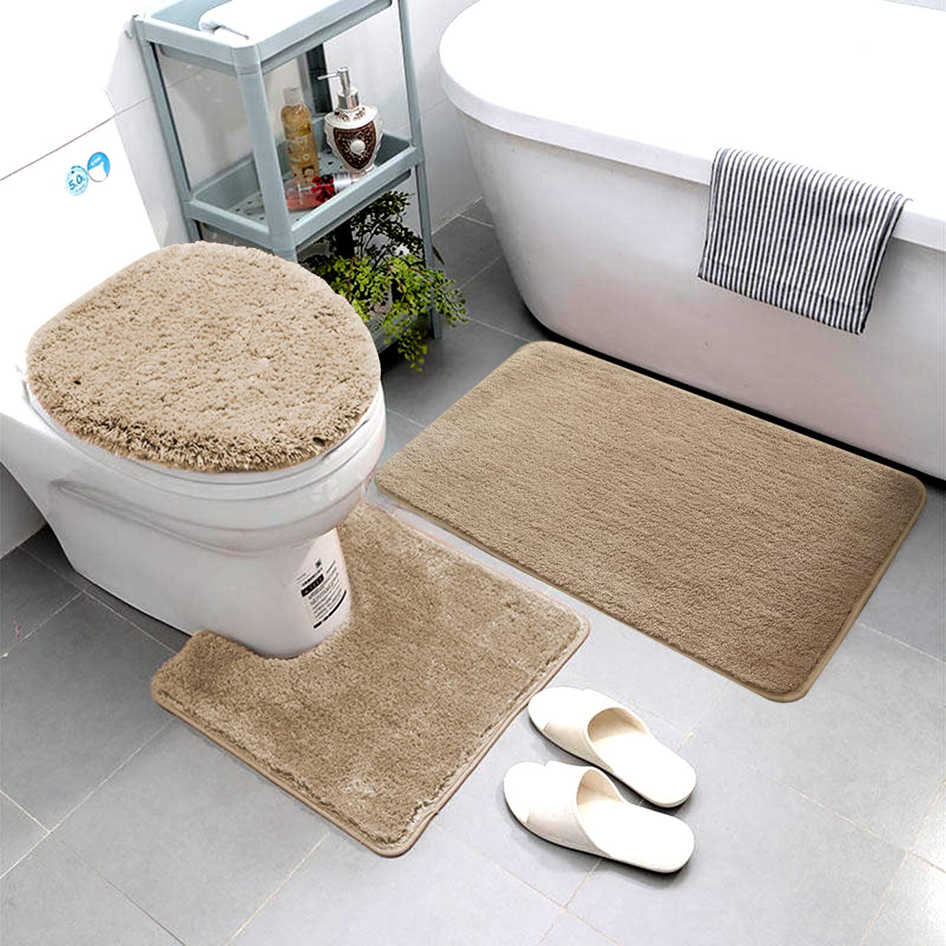 Premium 3-Piece Bathroom Rug Set - Soft Microfiber Bath Mat, Contour Mat & Toilet Cover - Non-Slip Rubber Backing, Machine Washable (Beige) for Cozy & Safe Bathroom Decor