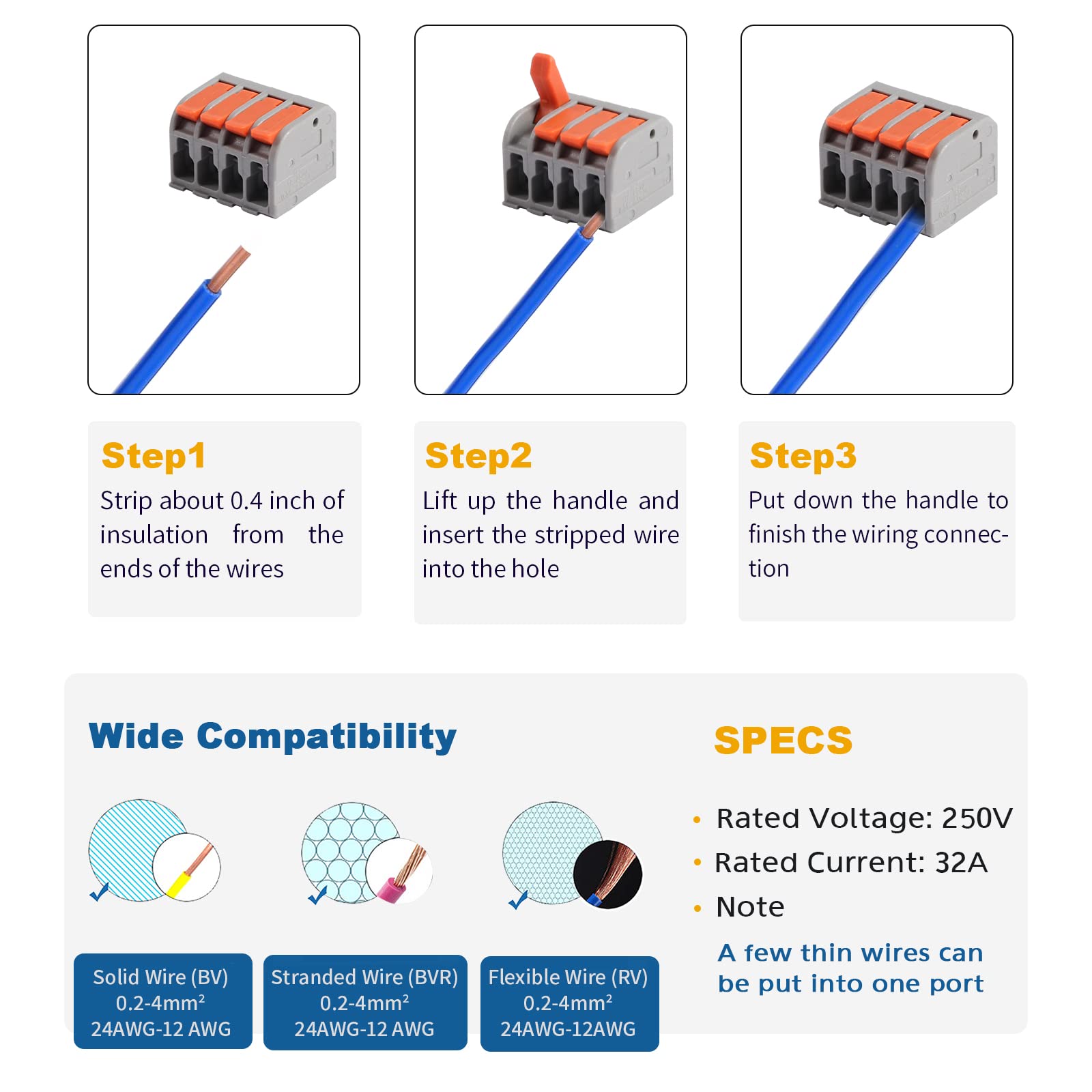 Brightfour 50-Pack Lever Wire Connectors Kit - 2/3/4/5 Port No Pain Splice Connectors for AWG 24-12 Wires - Ideal for Home Electrical Wiring, DIY Projects & Automotive Applications