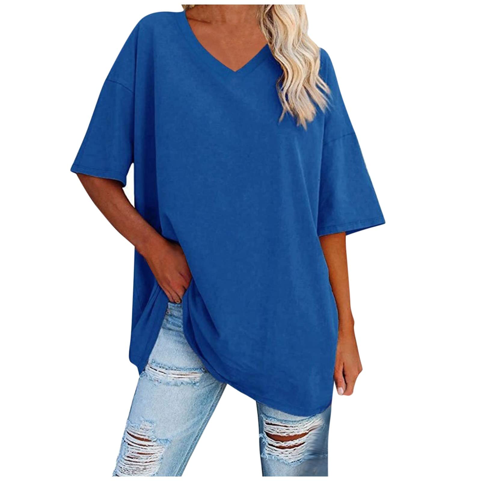 Women's Solid Color V-Neck Short Sleeve Tee - Hip-Hop Style Blouse & Casual Top - Dressy Blue Shirt for Streetwear, Concerts & Everyday Fashion