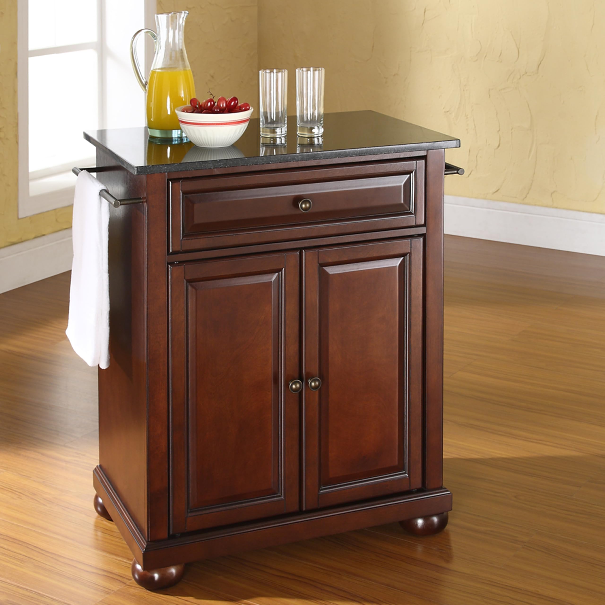 Crosley Alexandria Granite Top Portable Kitchen Island Cart with Wheels - Microwave Stand, Storage Cabinet, Mahogany Finish for Small Spaces - Perfect for Apartments, Dorms & Compact Kitchens