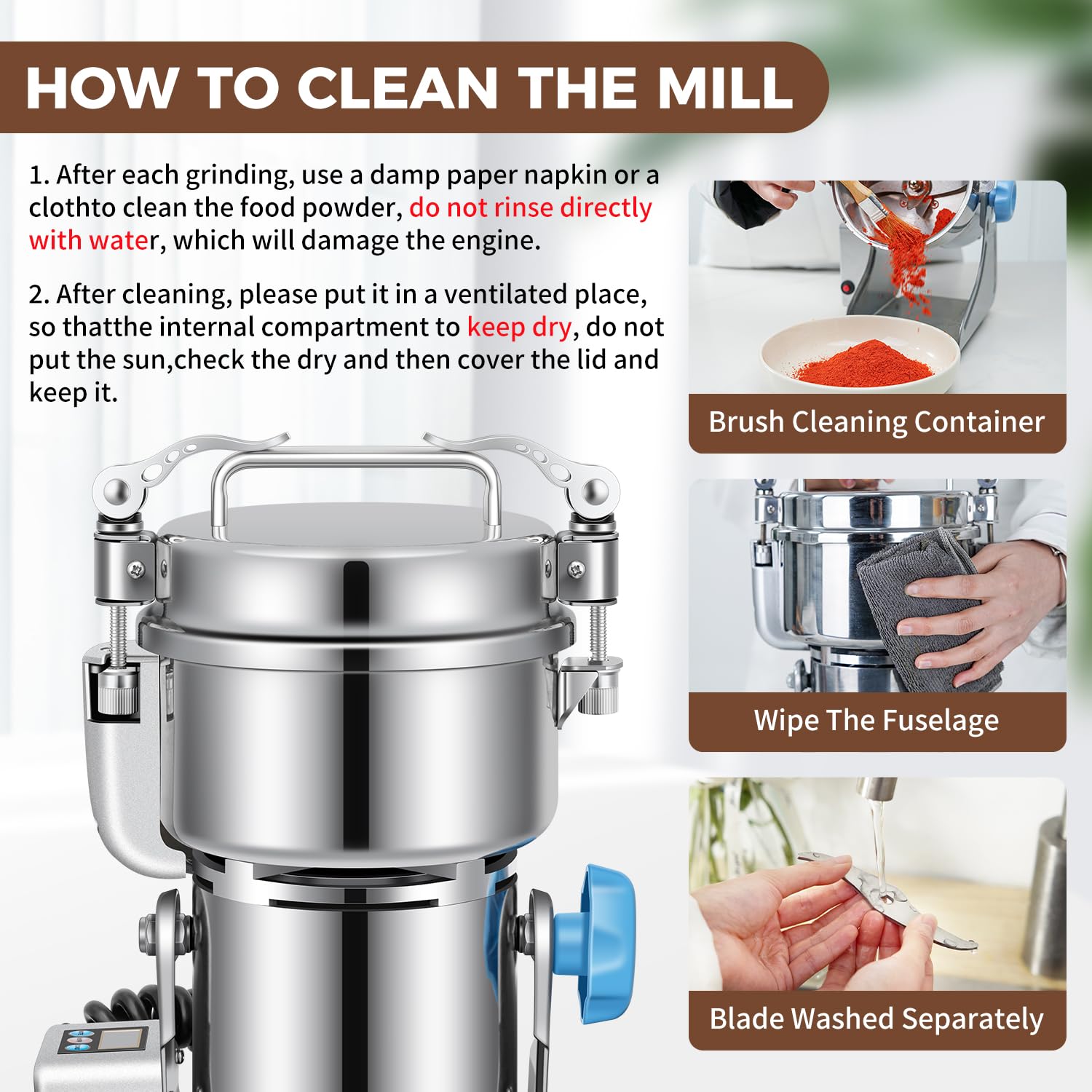 Commercial Electric Grain Mill Grinder 1500W - 500g Stainless Steel Spice Grinder for Wheat, Oats, Corn, Pepper & Coffee Beans - Perfect for Kitchen, Bakery & Coffee Shop Use