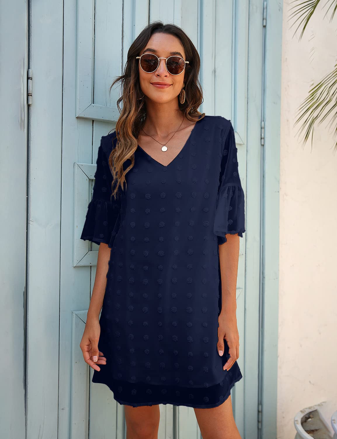 Women's White Chiffon Flowy Short Sleeve V-Neck Ruffle Sun Dress - Cute Shift Mini Dress for Summer, Beach, Party & Casual Wear