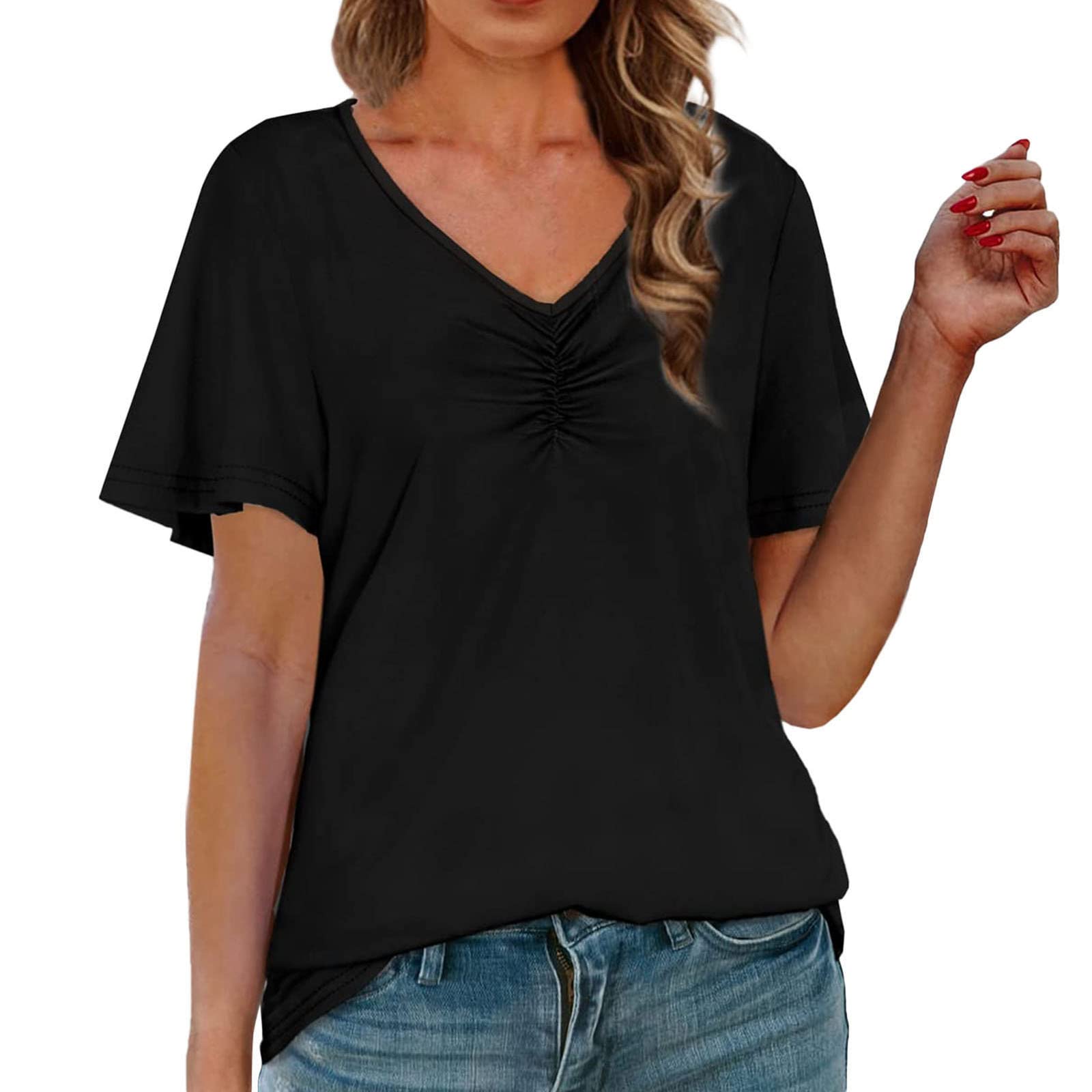 Women's Summer T-Shirts - Short Sleeve Casual V-Neck Shirred Tops for Women | Perfect for Beach Outings, Vacation Wear & Everyday Comfort