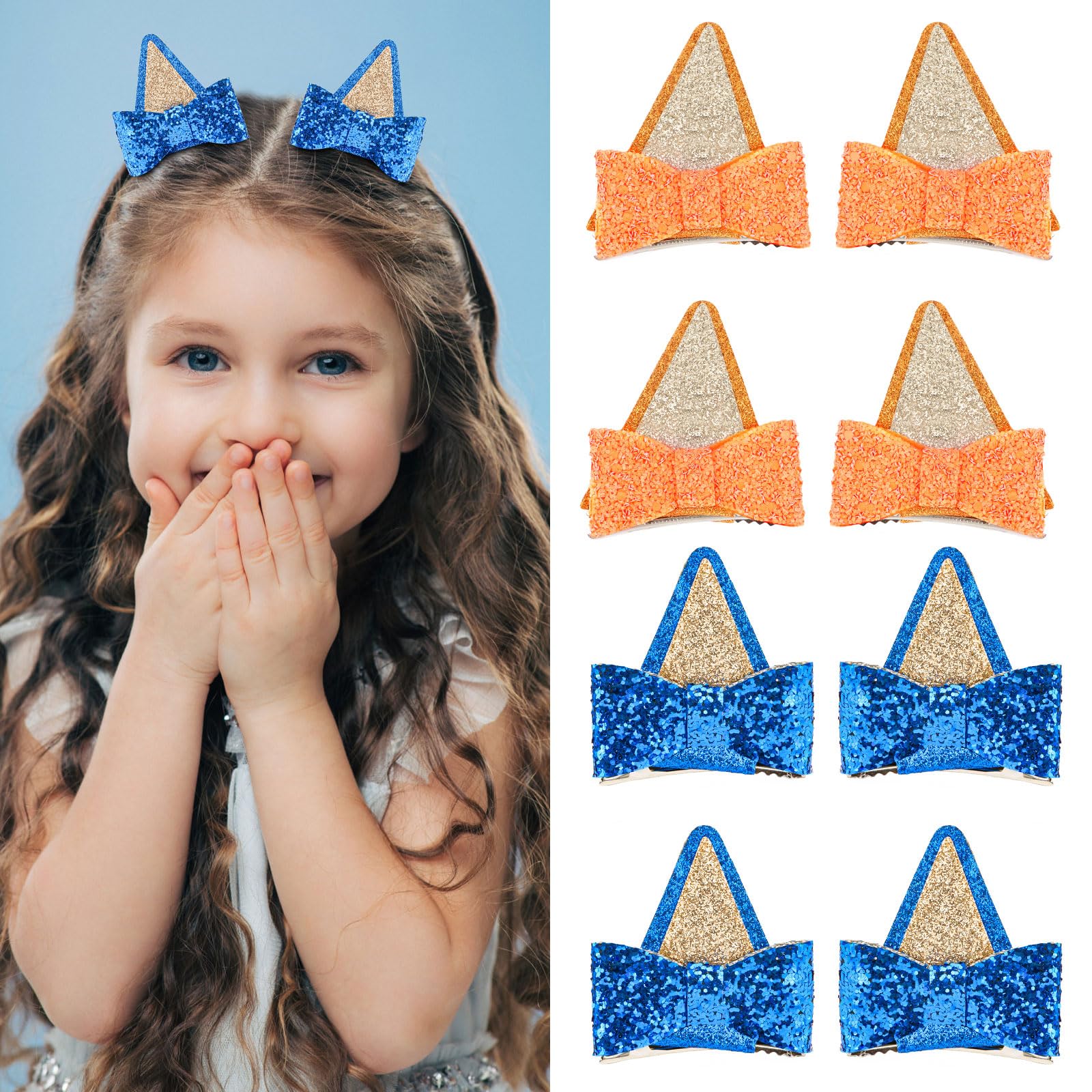 Cute Dog Ears Hair Clips for Girls - 4 Pairs Glitter Hair Bows Accessories (Blue) | Perfect for Birthday Parties, School Events & Daily Fashion Accessories