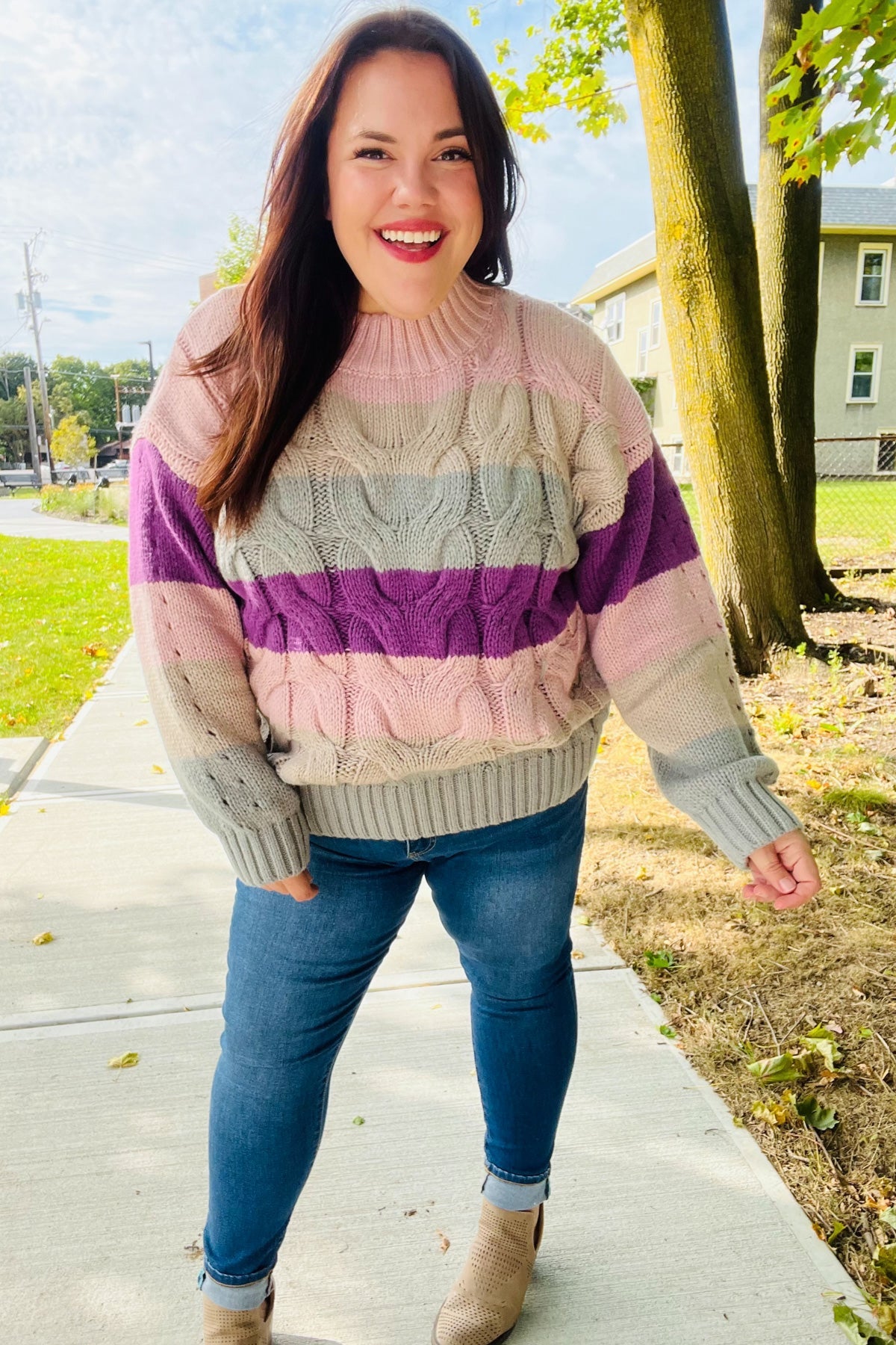 Fall For You Mauve Multicolor Stripe Cable Knit Mock Neck Sweater | Women's Cozy Winter Pullover | Perfect for Christmas, Holiday Parties & Casual Outings