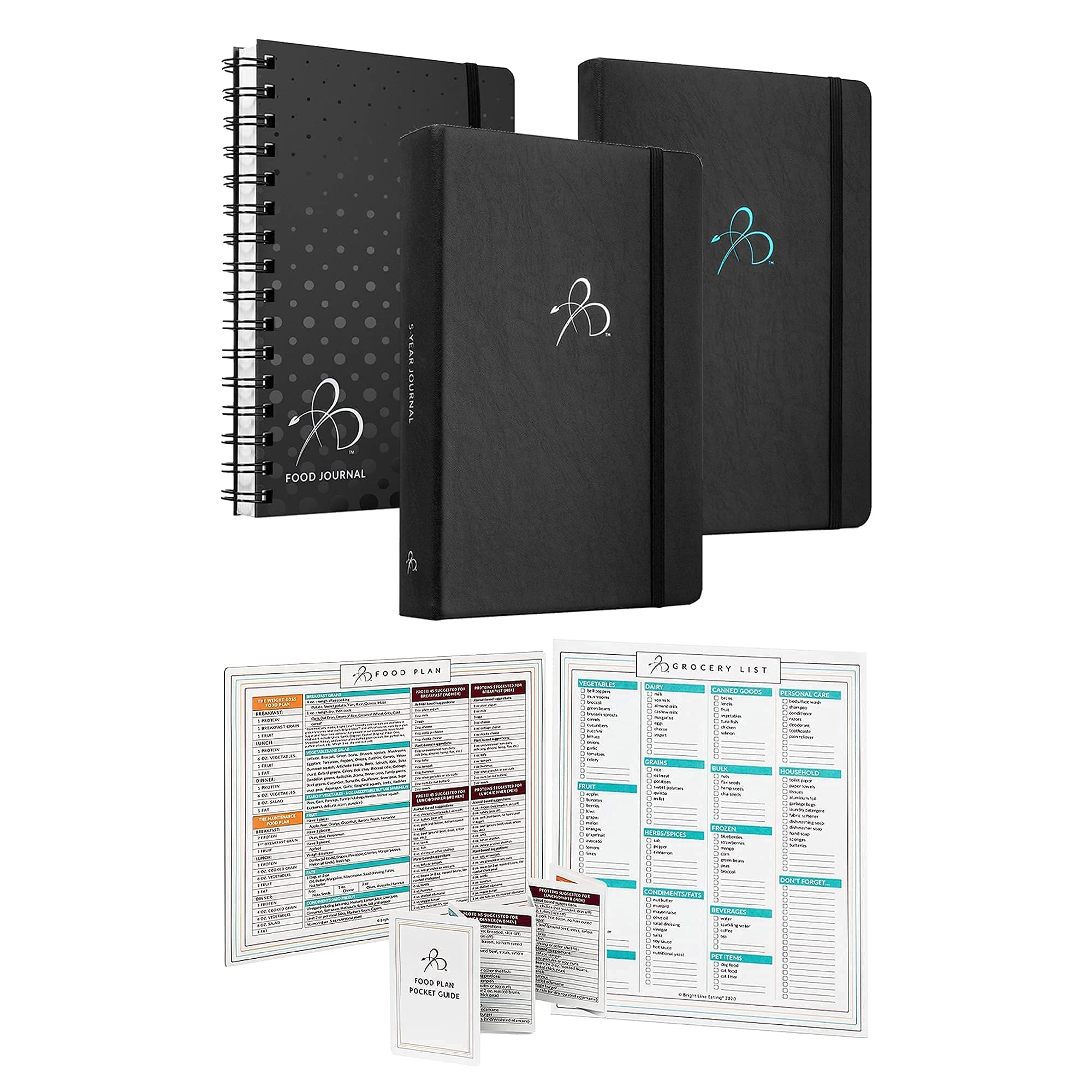 Bright Line Eating Bundle - Official BLE Food Journal (Black), Gratitude Journal, 5-Year Planner, Shopping List & Food Plan Magnet with Pocket Guide | Weight Loss Journal Set for Healthy Eating Habits & Meal Tracking