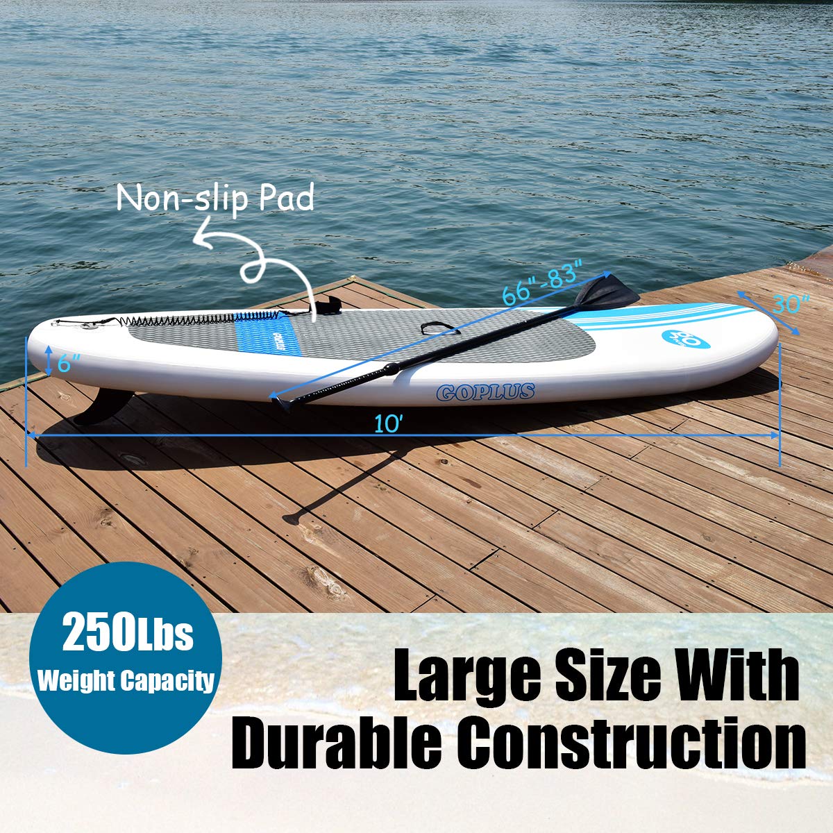 HOMGX 10' Inflatable Stand Up Paddle Board (SUP) with Adjustable Paddle, Leash, Hand Pump & Carry Bag - 6