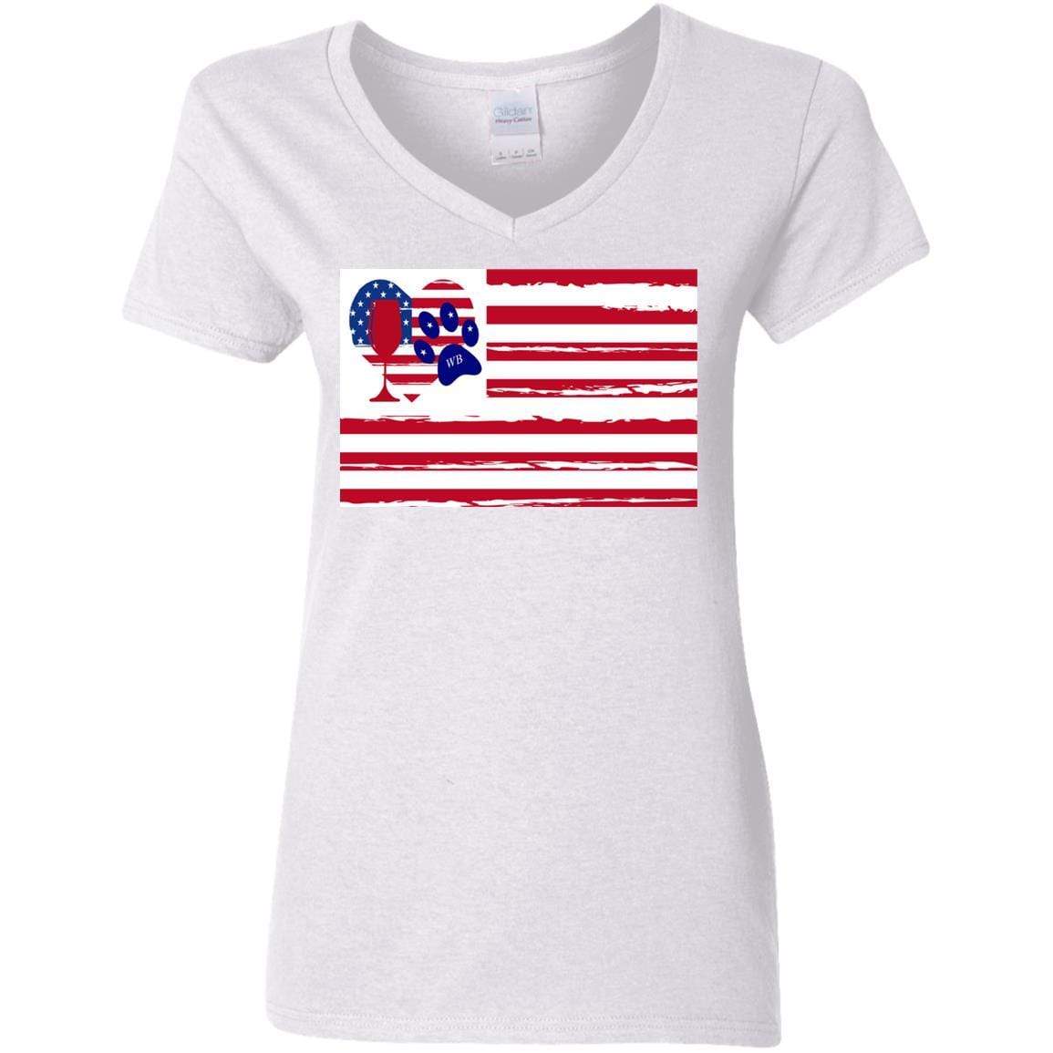 American Flag Wine Paw Heart V-Neck T-Shirt for Women - 5.3 oz Soft Cotton Ladies Tee - Perfect for Patriotic Events, Wine Lovers & Pet Owners
