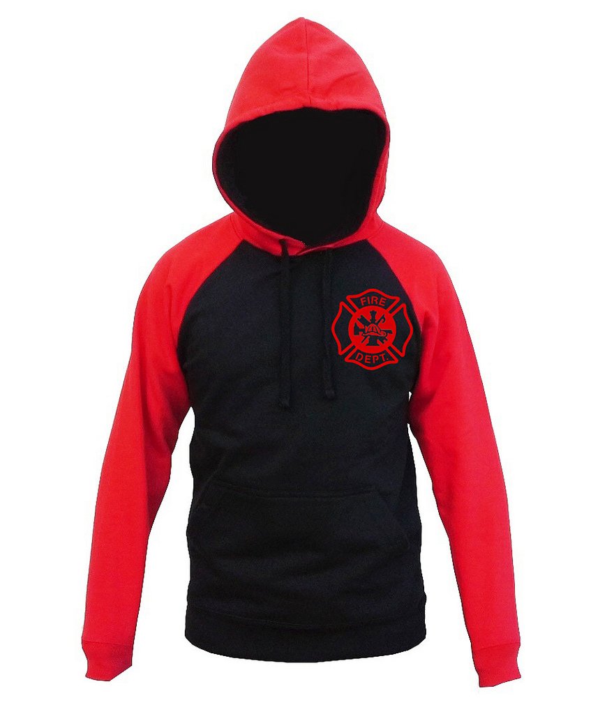 Interstate Apparel V484 Men's Black/Red Raglan Baseball Hoodie Sweater with Fire Dept. Badge - Comfortable Pullover for Firefighters, First Responders & Casual Wear