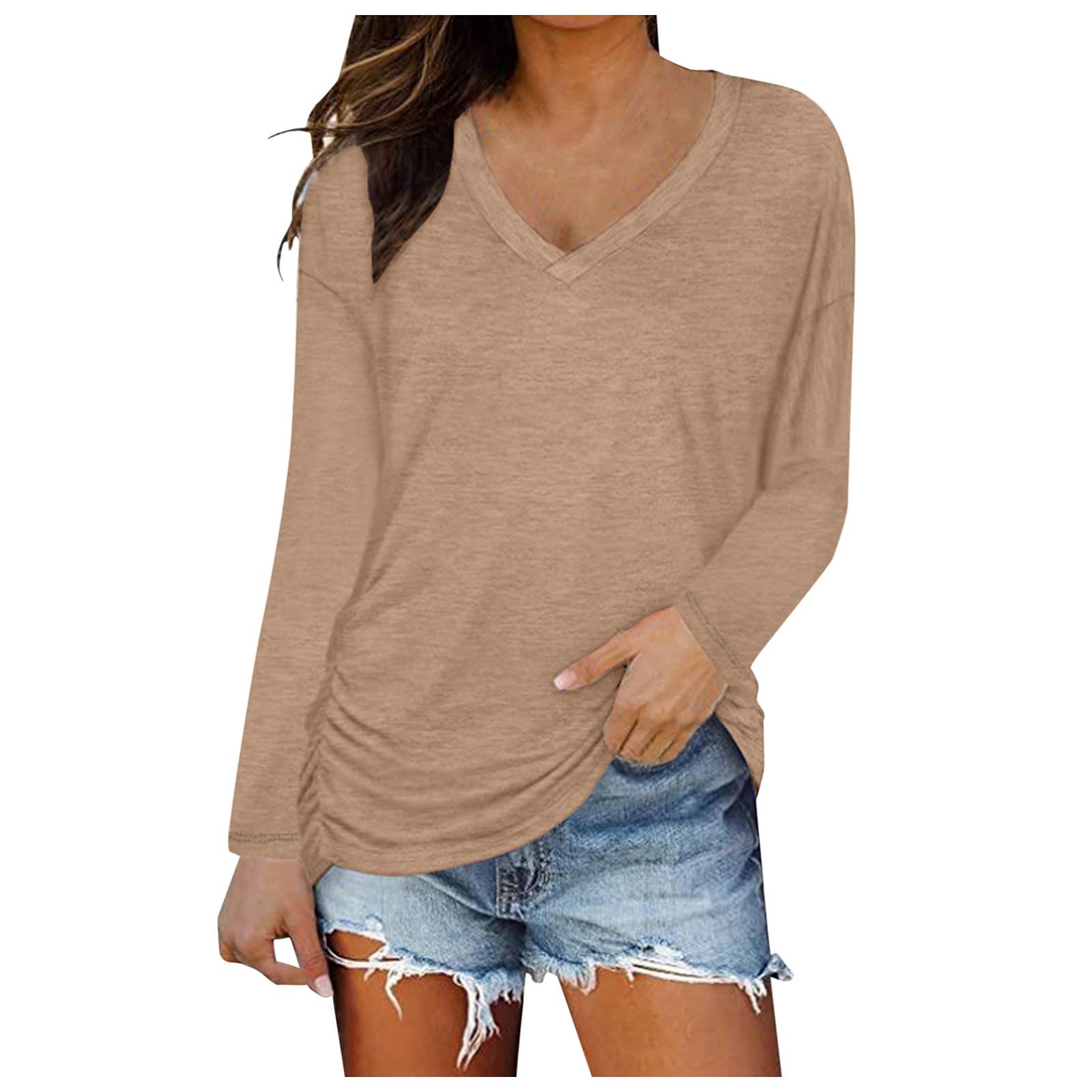 Women's V-Neck Loose Fit Long Sleeve T-Shirts - Summer Basic Blouse & Casual Tee Tops for Everyday Wear, Office & Outings