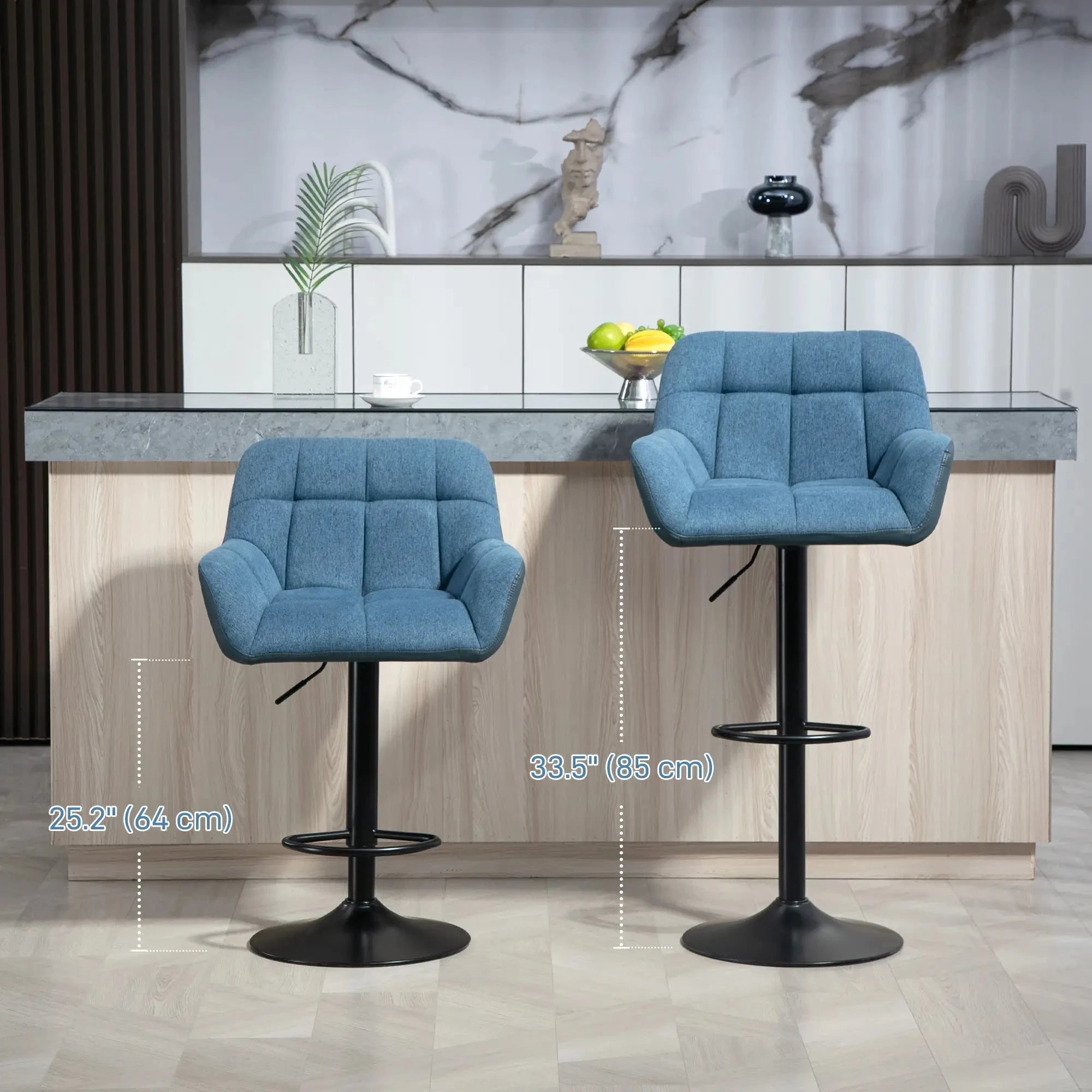 Swivel Adjustable Bar Stools (Set of 2) - Faux Leather & Linen Touch Fabric - 5 Color Options - Perfect for Kitchen Islands, Home Bars & Dining Areas