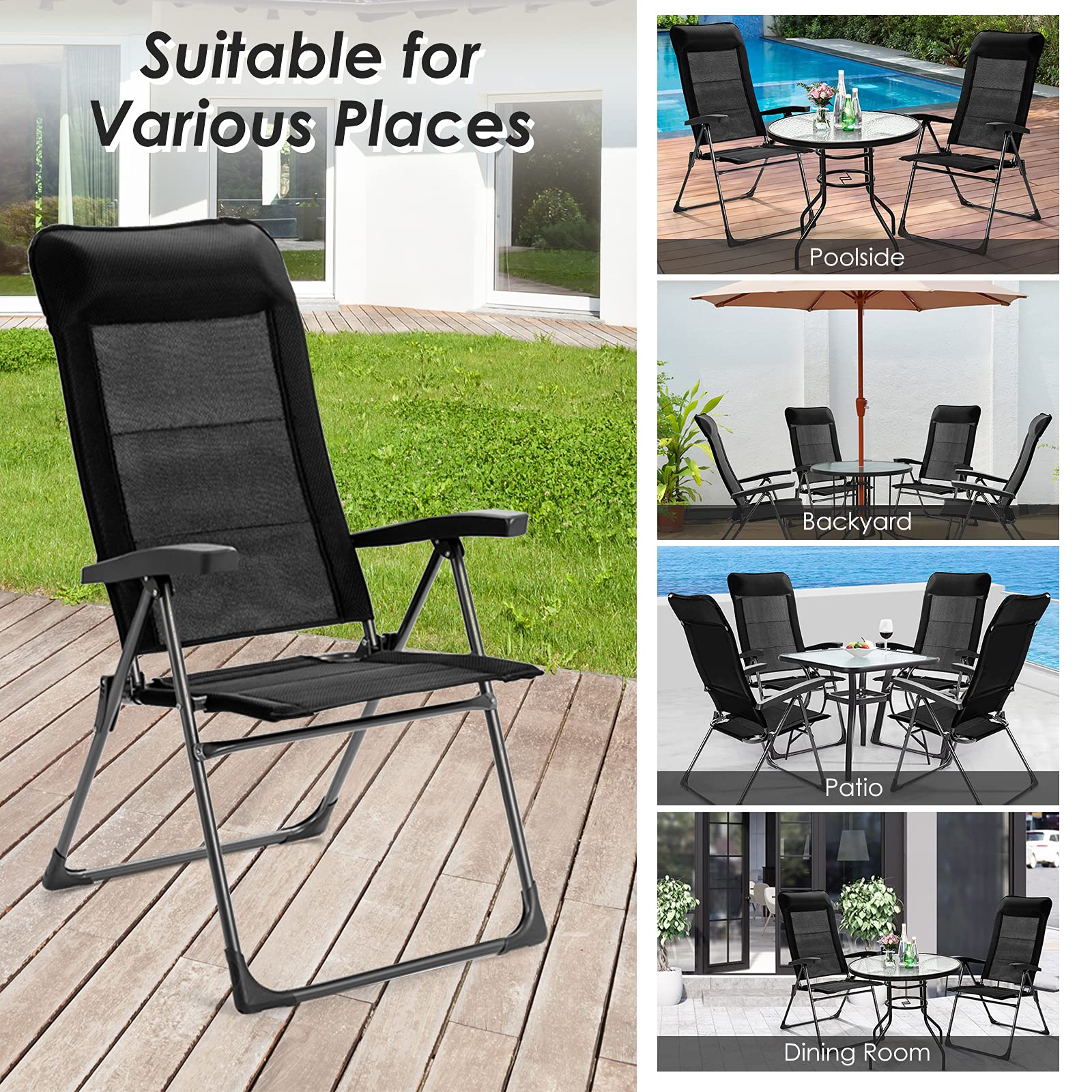 Goplus Folding Patio Sling Chairs Set of 4 - Portable Outdoor Dining Chairs with Adjustable Headrest & 7-Level Reclining Backrest - Perfect for Camping, Backyard, Garden, and Poolside Relaxation