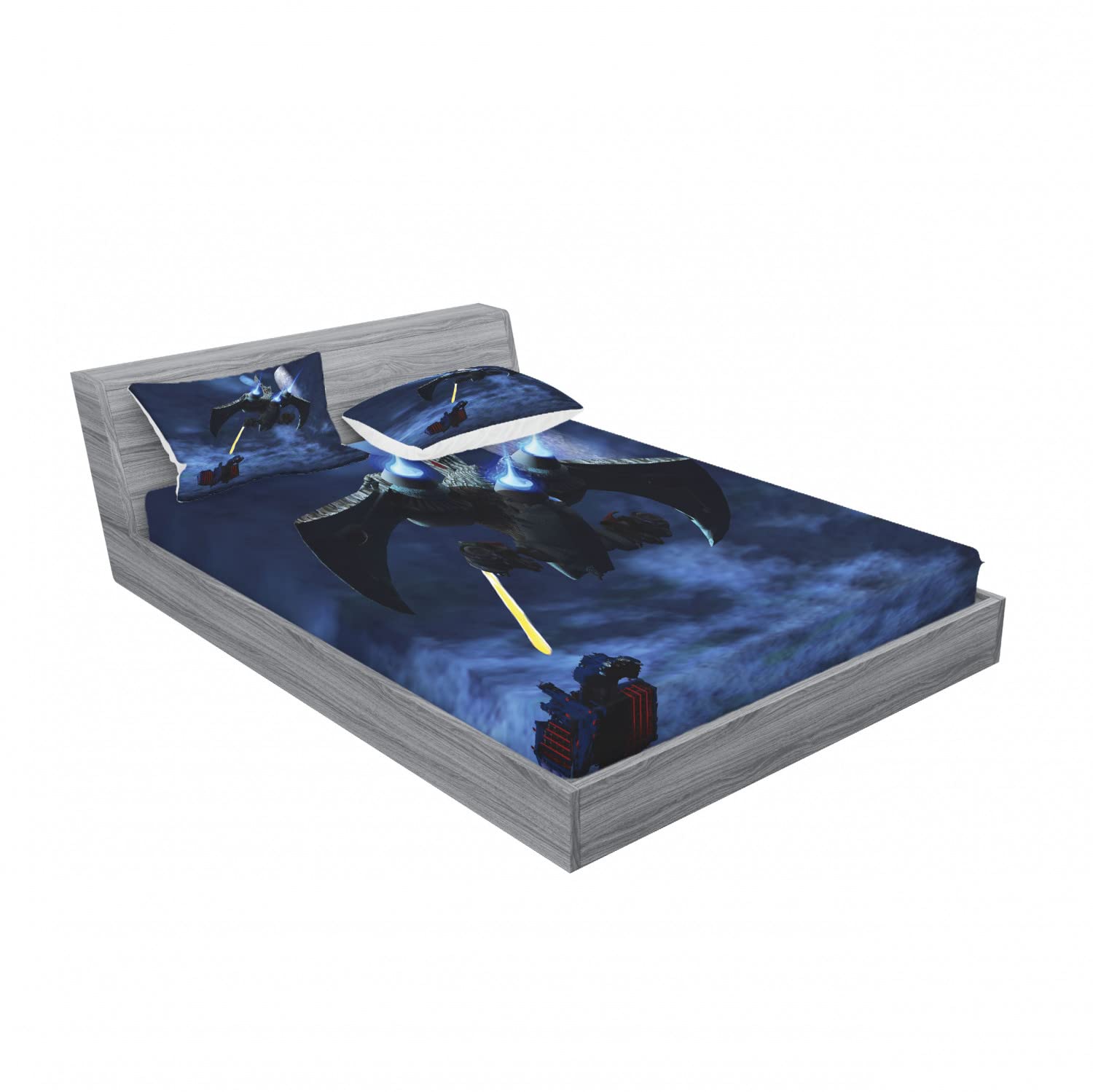 Ambesonne Galaxy 2-Pack Queen Size Fitted Sheet Set with 4 Pillow Shams - Space Themed Bedding with Spaceship & Laser Beam Design in Blue & Black - Perfect for Kids Rooms, Dorm Decor & Sci-Fi Themed Bedrooms