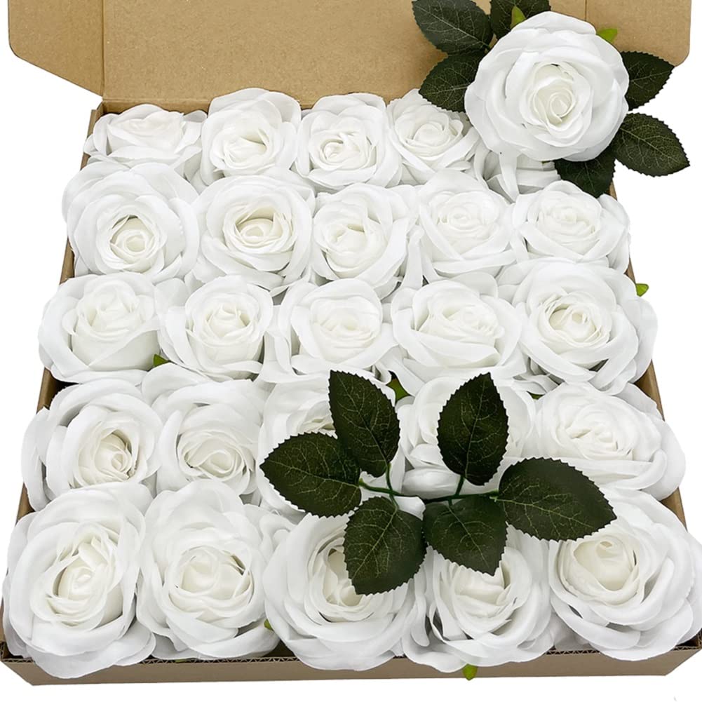 25PCS Real Touch Silk Rose Artificial Flowers with Stem - White Faux Roses in Gift Box for Wedding, Party, Floral Arrangements & Table Decorations | Perfect for Centerpieces, Bridal Bouquets, Home Decor and Event Styling