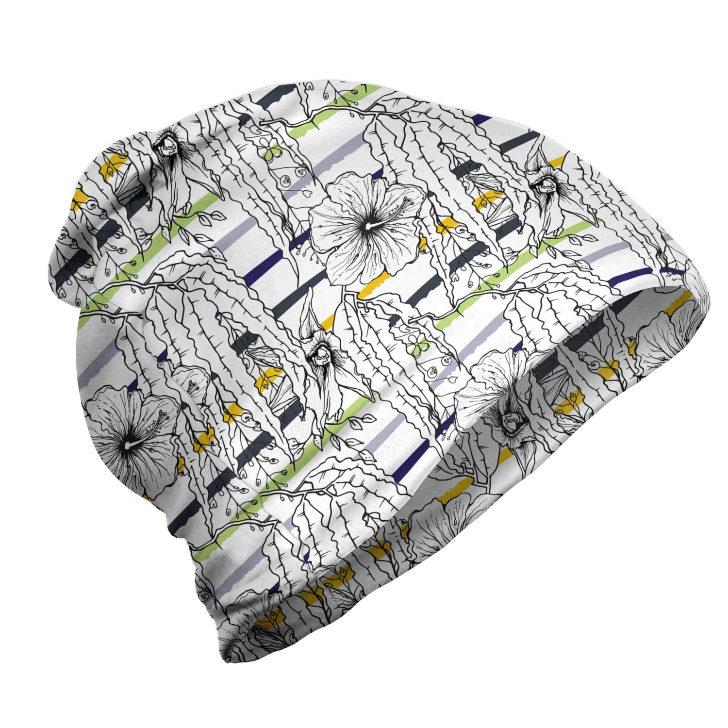 Ambesonne Unisex Beanie - Floral Leaves & Stripes Design for Men & Women - Warm Winter Knit Hat for Hiking, Camping & Outdoor Activities