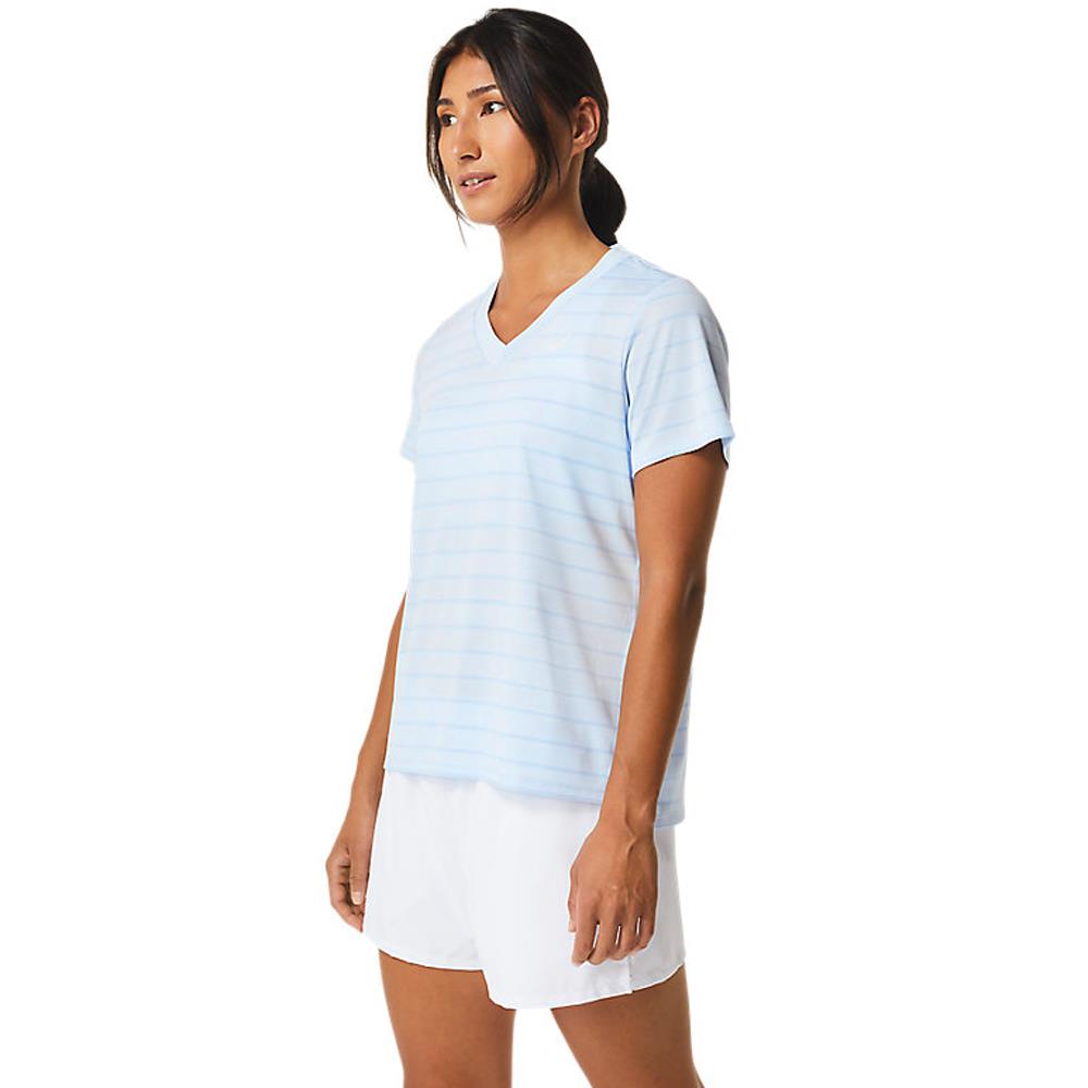 ASICS Women's Court Stripe Top - Soft Sky Blue Tennis Shirt | Breathable Athletic Tee for Running, Gym & Casual Wear