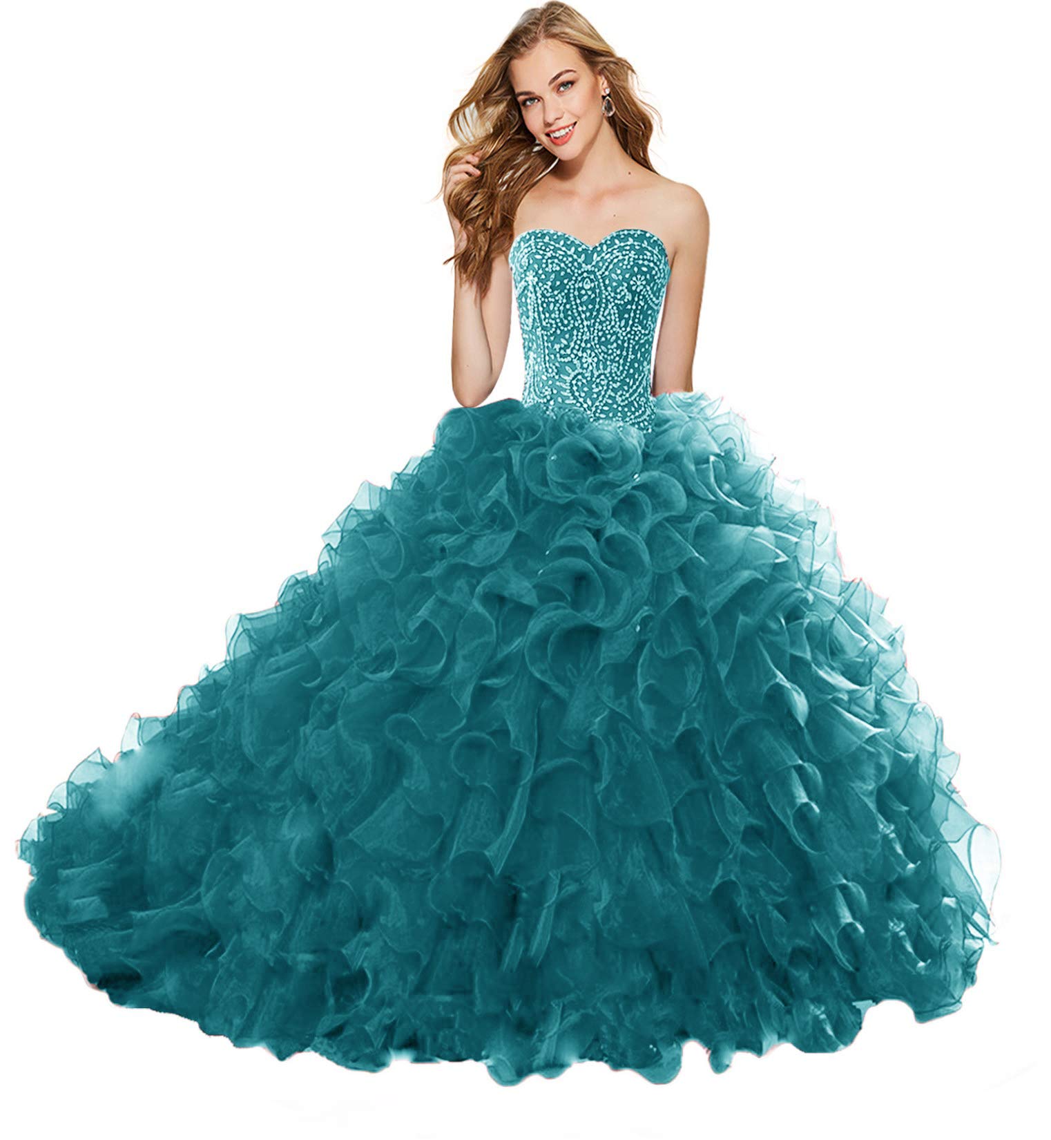 Elegant APXPF Women's Heavy Beaded Organza Ruffle Quinceañera Dress for Sweet 16, Prom & Ball Gowns | Perfect for Quinceañeras, Sweet 16 Parties, Prom Nights & Formal Events