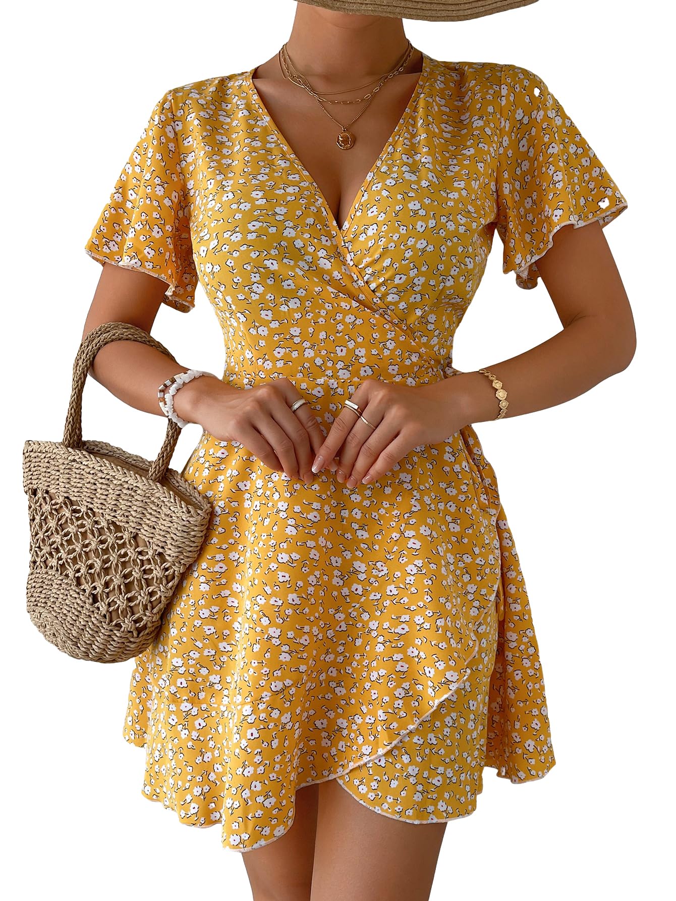 SOLY HUX Women's Floral Wrap Dress - V Neck Short Sleeve A-Line Swing Summer Dress with Side Tie for Beach Vacation, Party, Date Night & Casual Outings