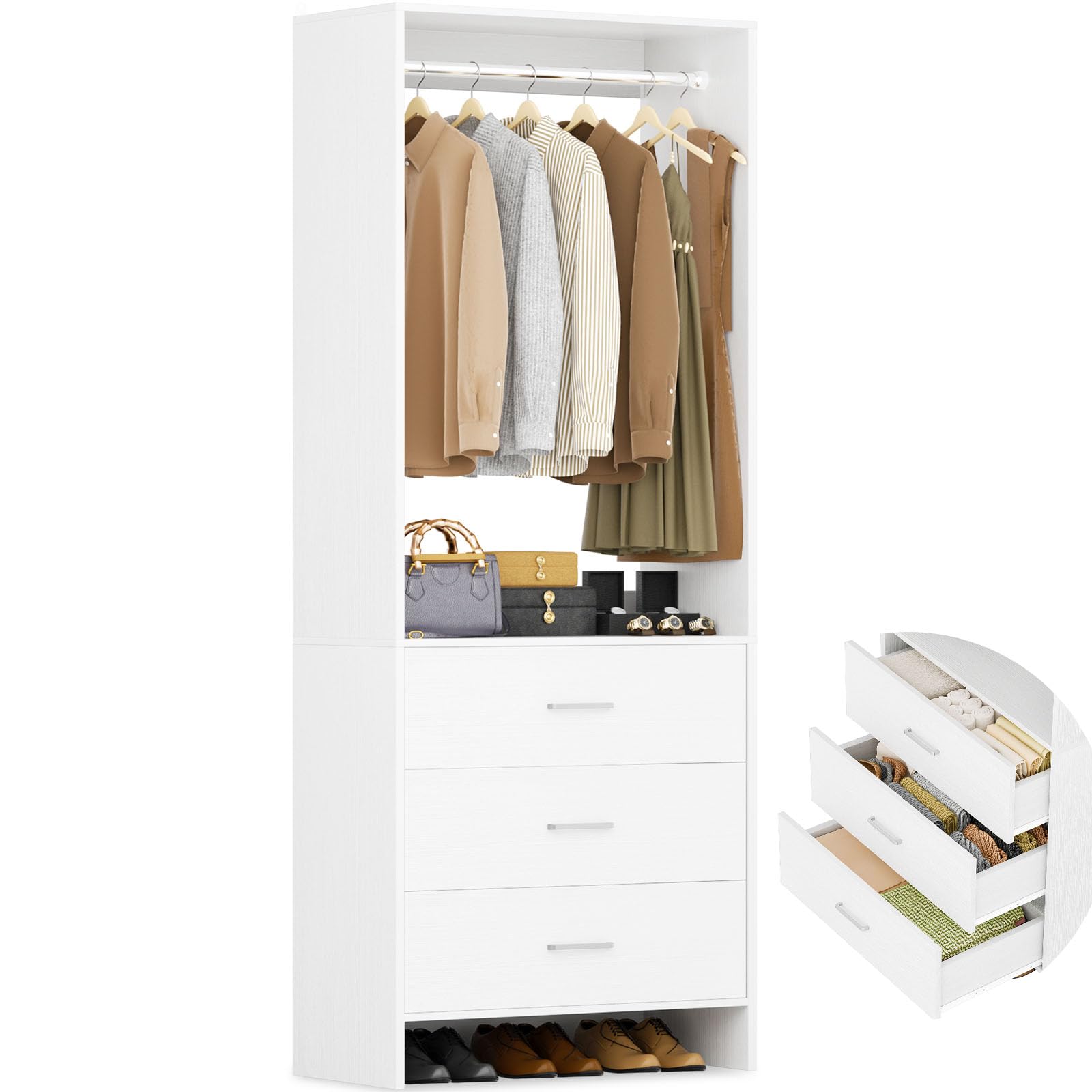 Aheaplus 2FT Closet Organizer System with 3 Drawers & Hanging Rods - 24