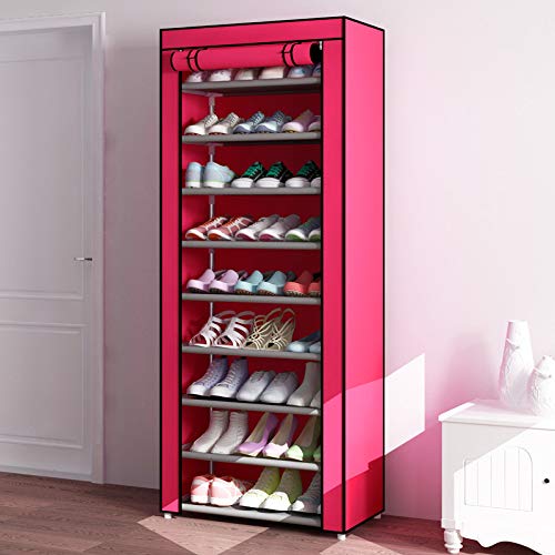 10-Tier Shoe Rack Organizer with Dustproof Cover - Space Saving Stackable Shoe Storage Cabinet for Closet, Entryway & Bedroom - Non-Woven Fabric Shoe Shelf Tower (Rose Red)