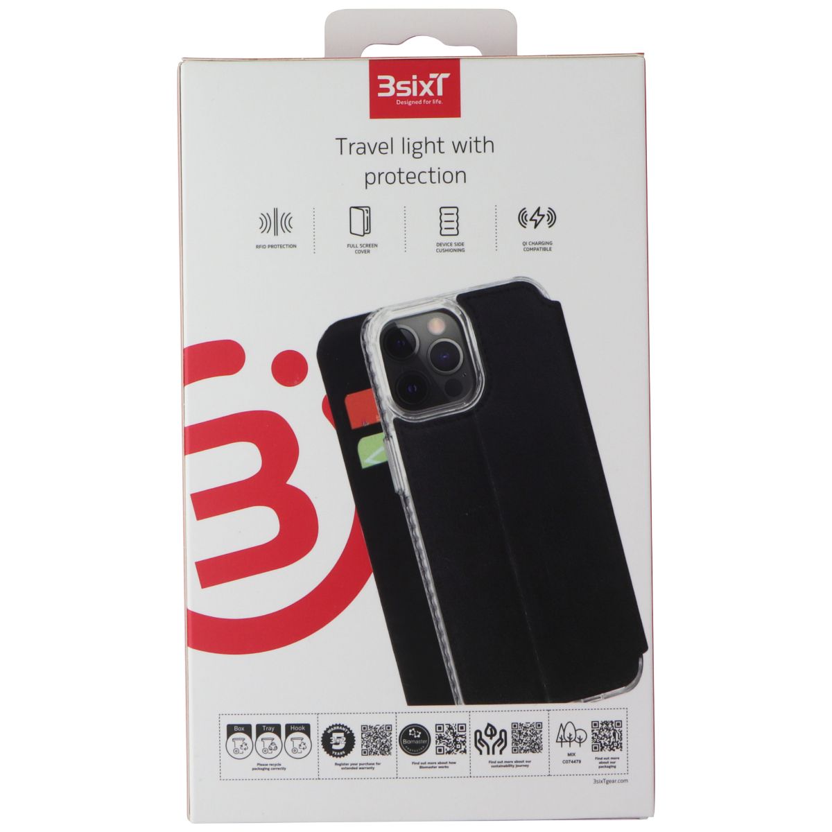 3SIXT SlimFolio Series Ultra Thin Fold Wallet Case for Apple iPhone 13 Pro - Clear/Black - RFID Blocking & Card Holder - Perfect for Everyday Use & Travel Protection