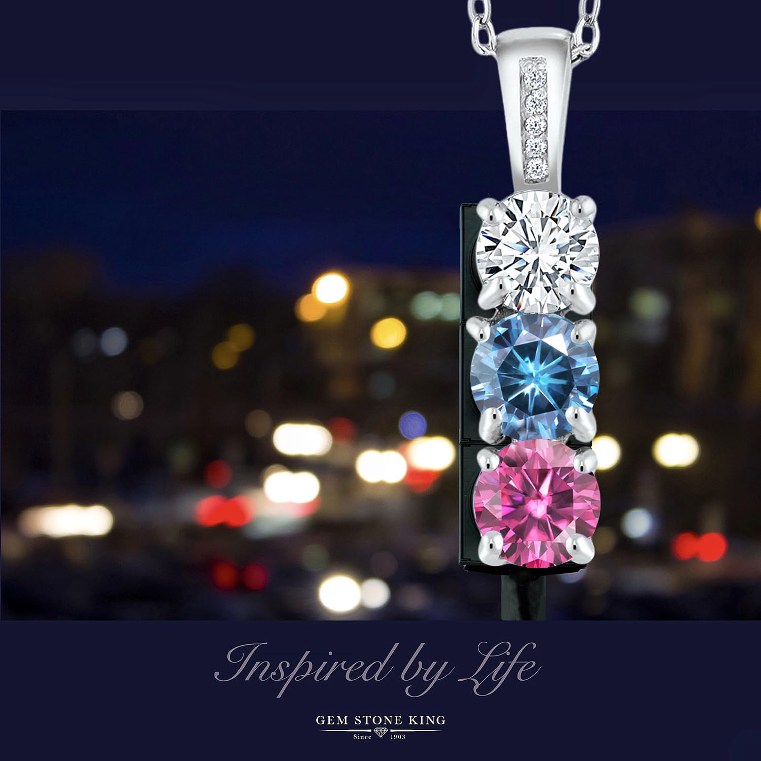 Custom Personalized Diamond & 3 Gemstone Birthstone Mother's Necklace in 925 Sterling Silver | 3-Stone Pendant Necklace for Women | Round 5MM Gemstones | 18